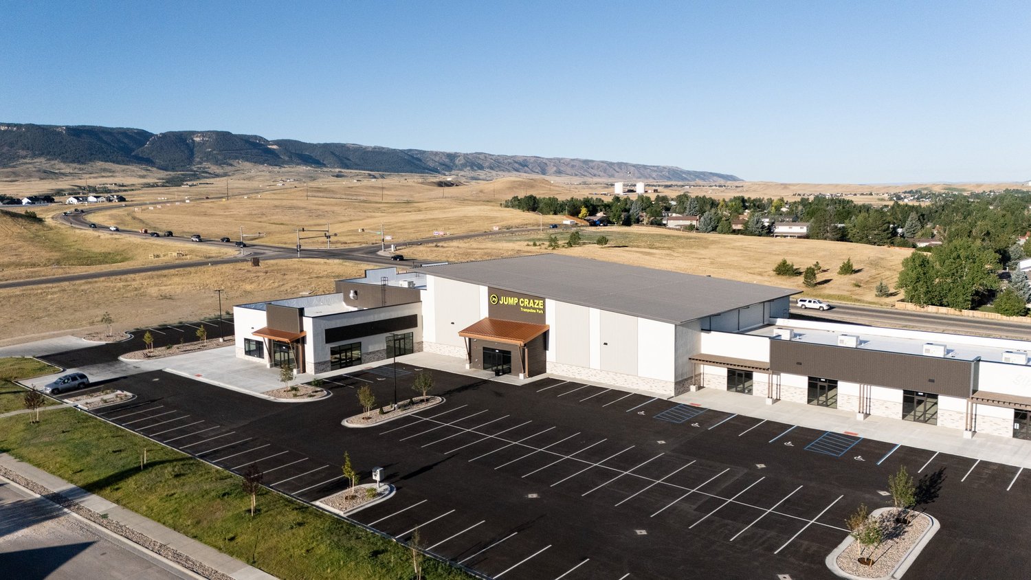 Aerial view of the Jump Craze Trampoline Park building and parking lot
