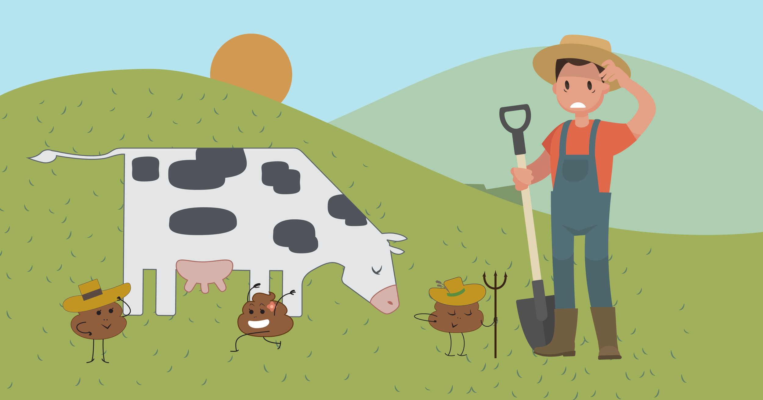 Illustration of farmer, cows, and poop