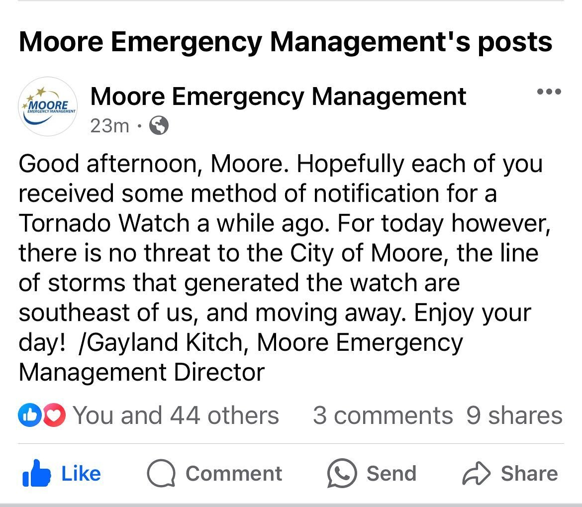 Clinic is open this evening. It looks like we&rsquo;re all clear in Moore. It&rsquo;s springtime in Oklahoma again. Stay safe, friends! #loveyourneighbor #moorestrong #community #partnership