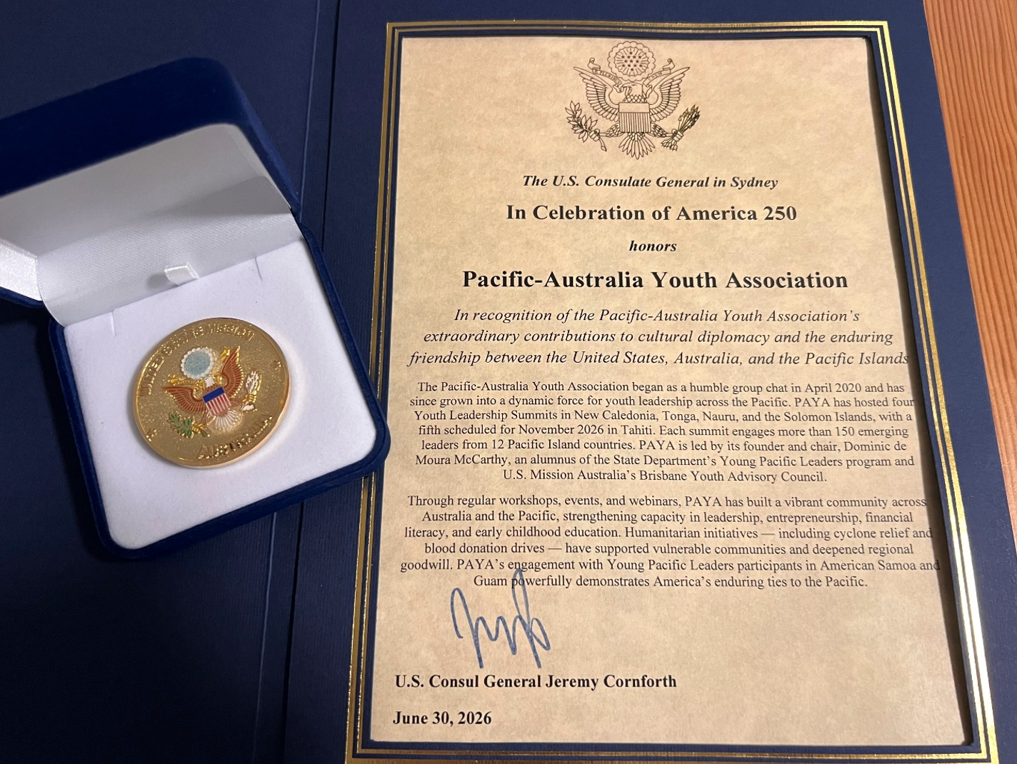 PAYA Recognised at the U.S. Consulate General Sydney A250 Brisbane Event