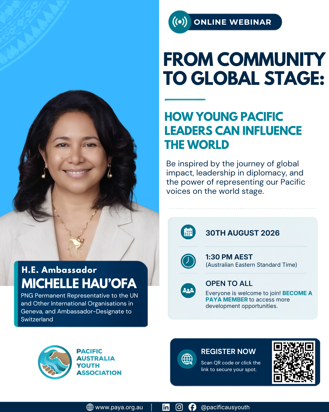 Hear from Guest Speaker, H.E. Ambassador Michelle Hau’ofa “From Community to Global Stage: How Young Pacific Leaders Can Influence the World”