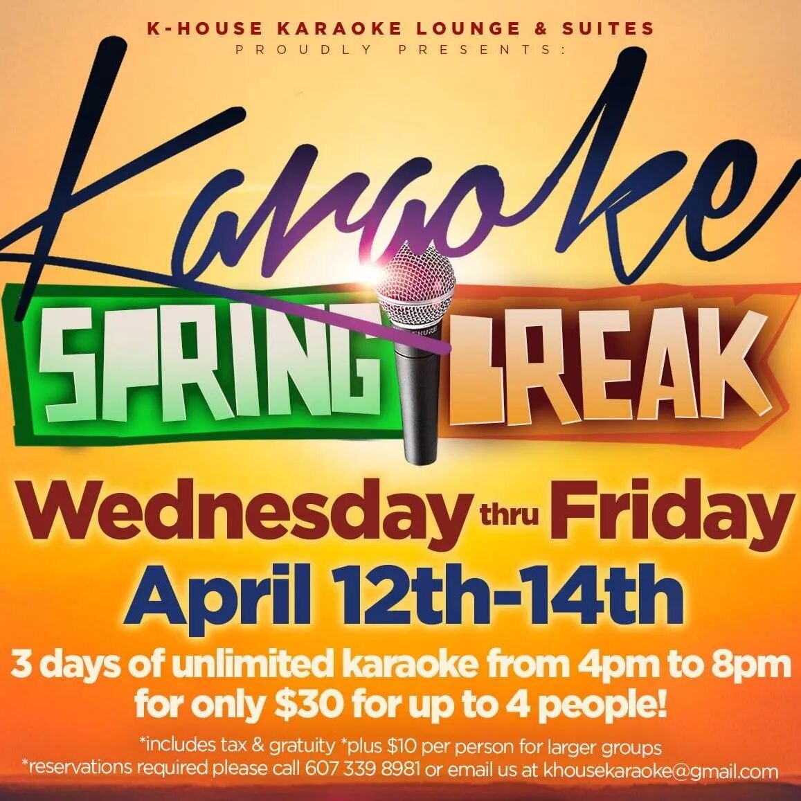 Spring Break is next week! Take advantage of our limited time special!

SPRING BREAK SPECIAL AND EARLY BIRD RATES ANNOUNCEMENT!

Perfect for all ages with family and friends! Check out our new discounted rates perfect for your next event! Fun idea fo
