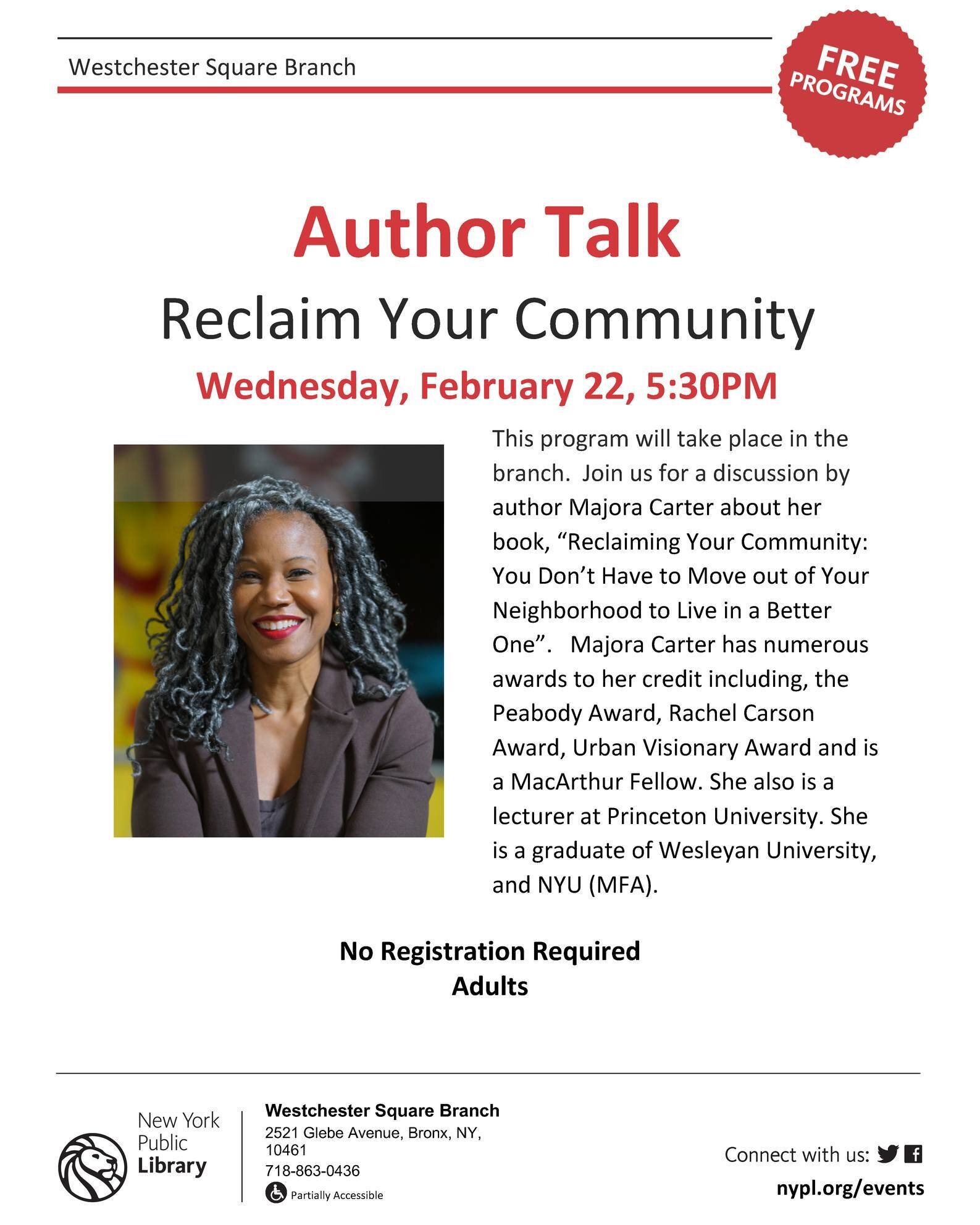 Visit the NYPL Westchester Square Branch on Wednesday, February 22nd at 5:30PM for an Author Talk. Event is free and registration is not required. This discussion is geared towards adults. Westchester Square Branch Library
