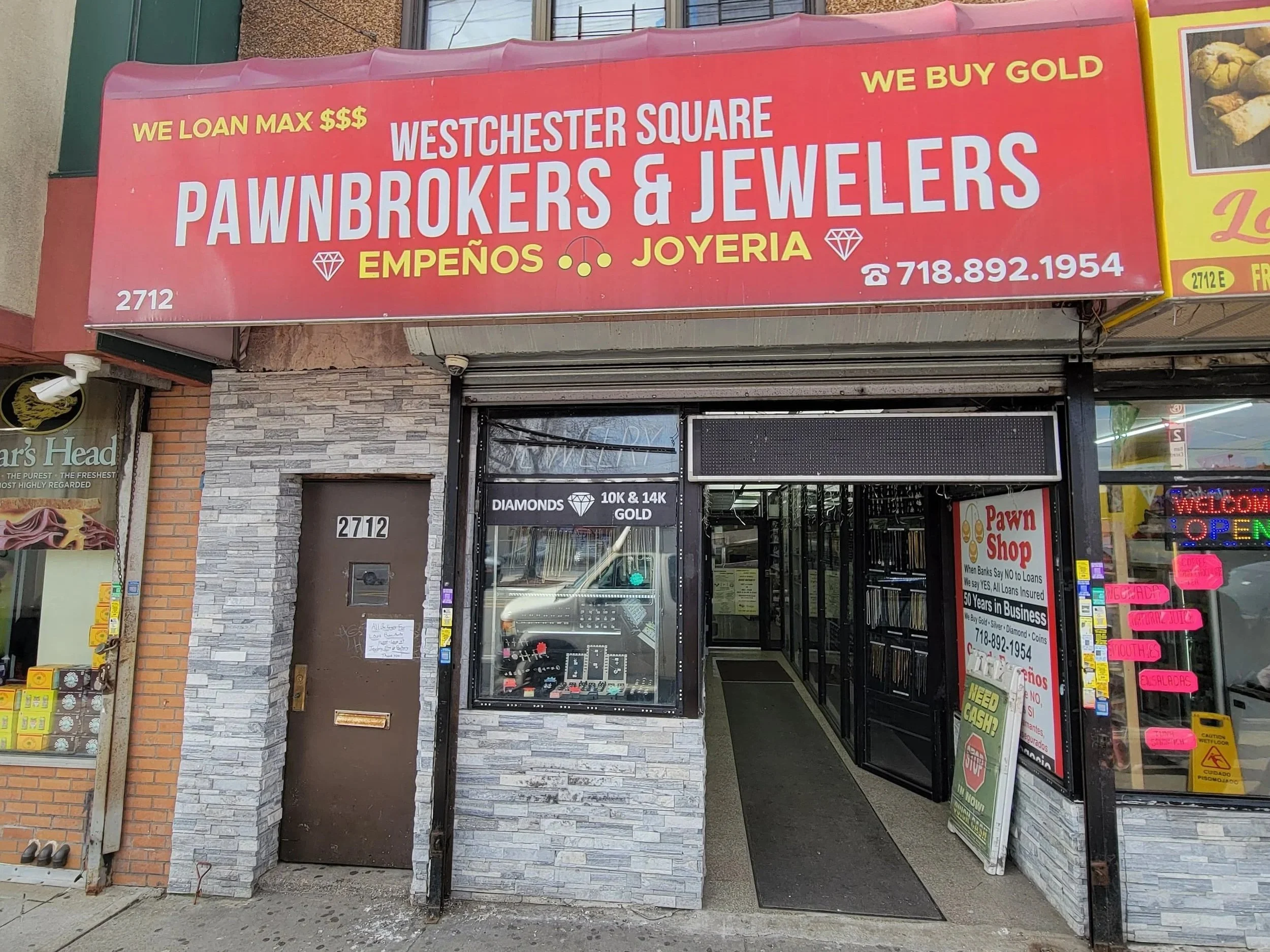 Image of Westchester Pawn Brokers store front in the Bronx, New York