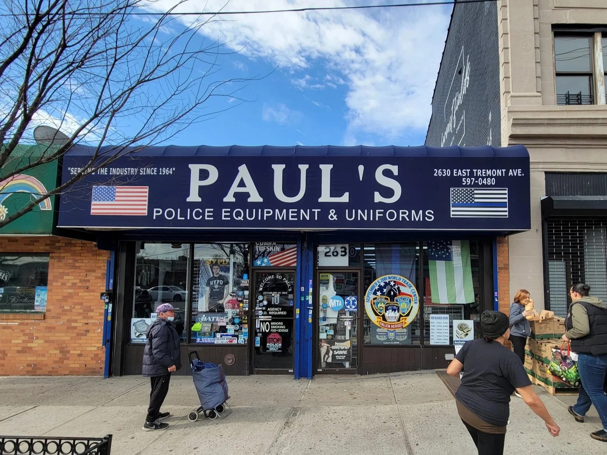 Image of Pauls' Police Equipment store front in the Bronx, New York .