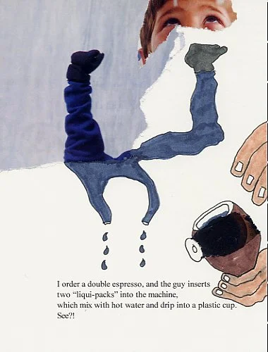 I order a double espresso, and the guy inserts these two "liqui-packs" into the machine, which mix with hot water and drip into a plastic cup.  See?!