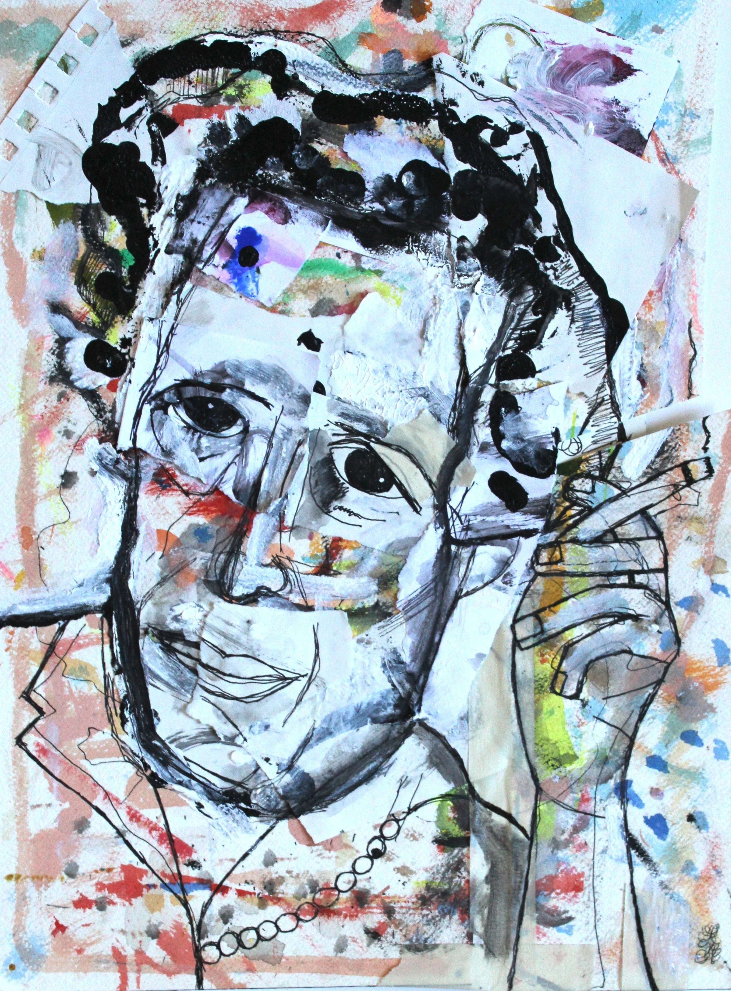 Acrylic, ink, masking tape + collage on paper, 14" x 11"