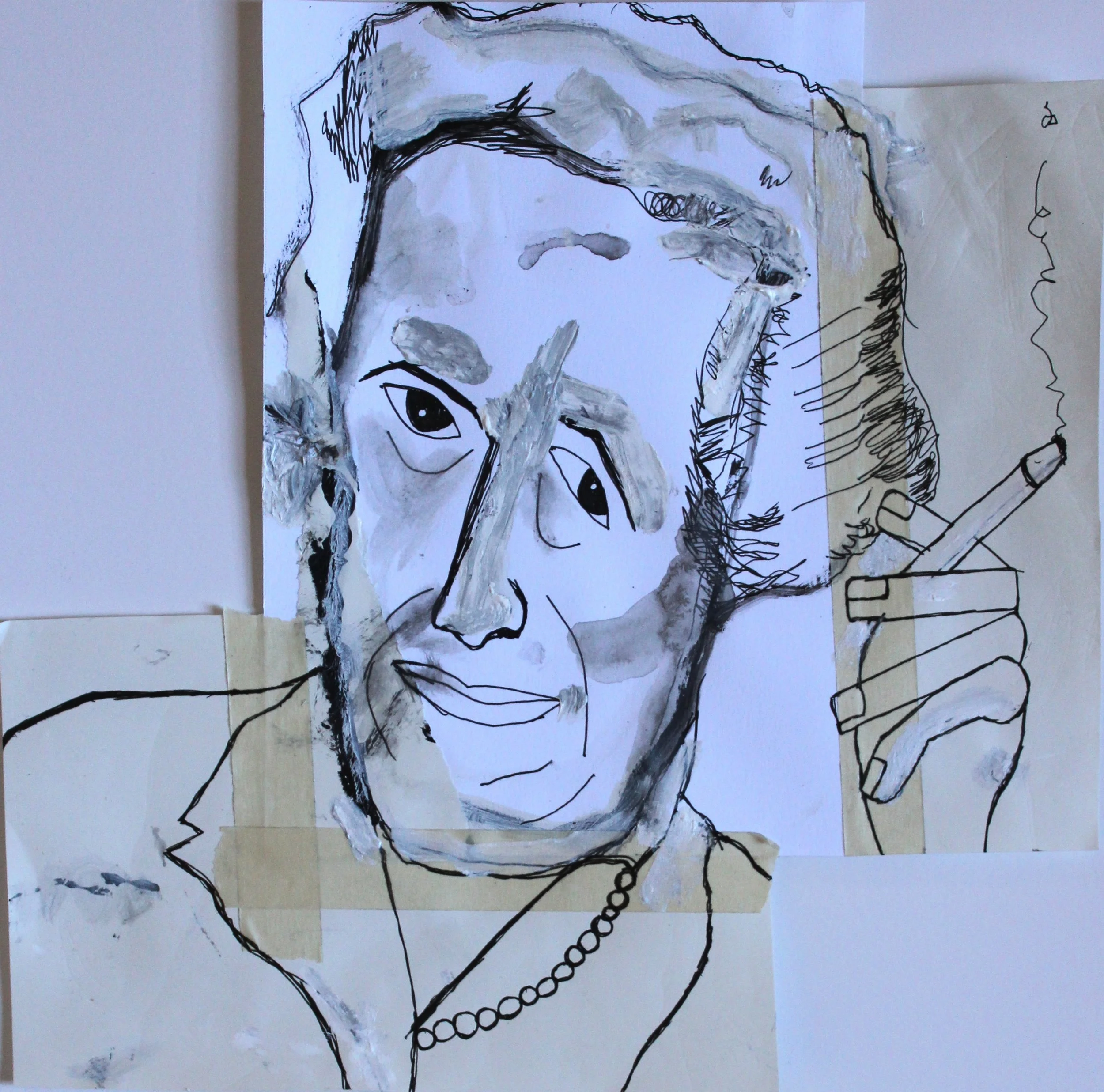 Acrylic, ink, masking tape + collage on paper, 13" x 13"