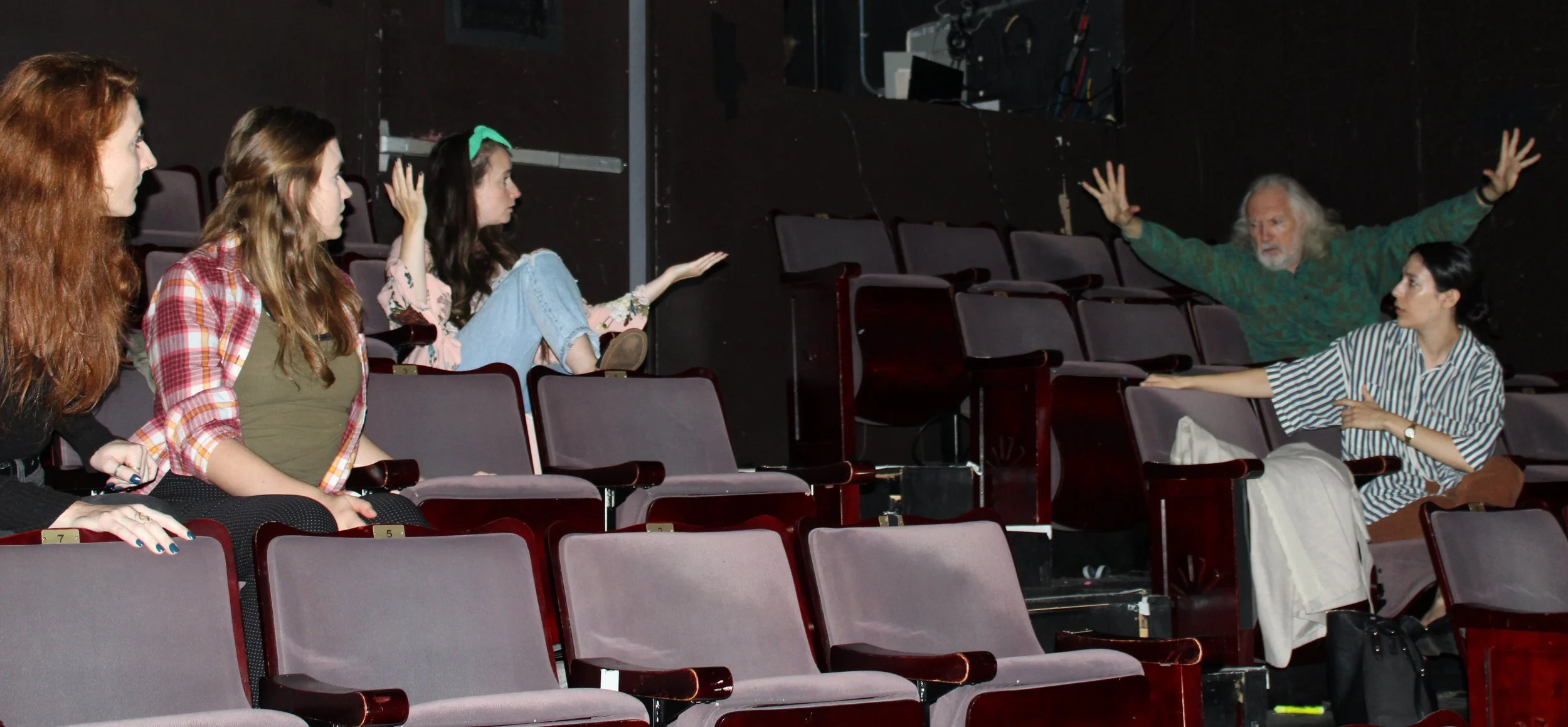 Six (Mark Peters) and Pat (Teena Klein) argue, while Alex (JaneAnne Halter), Dubbs (Clara Steeves) and Chris (Racehel Halper) look on.