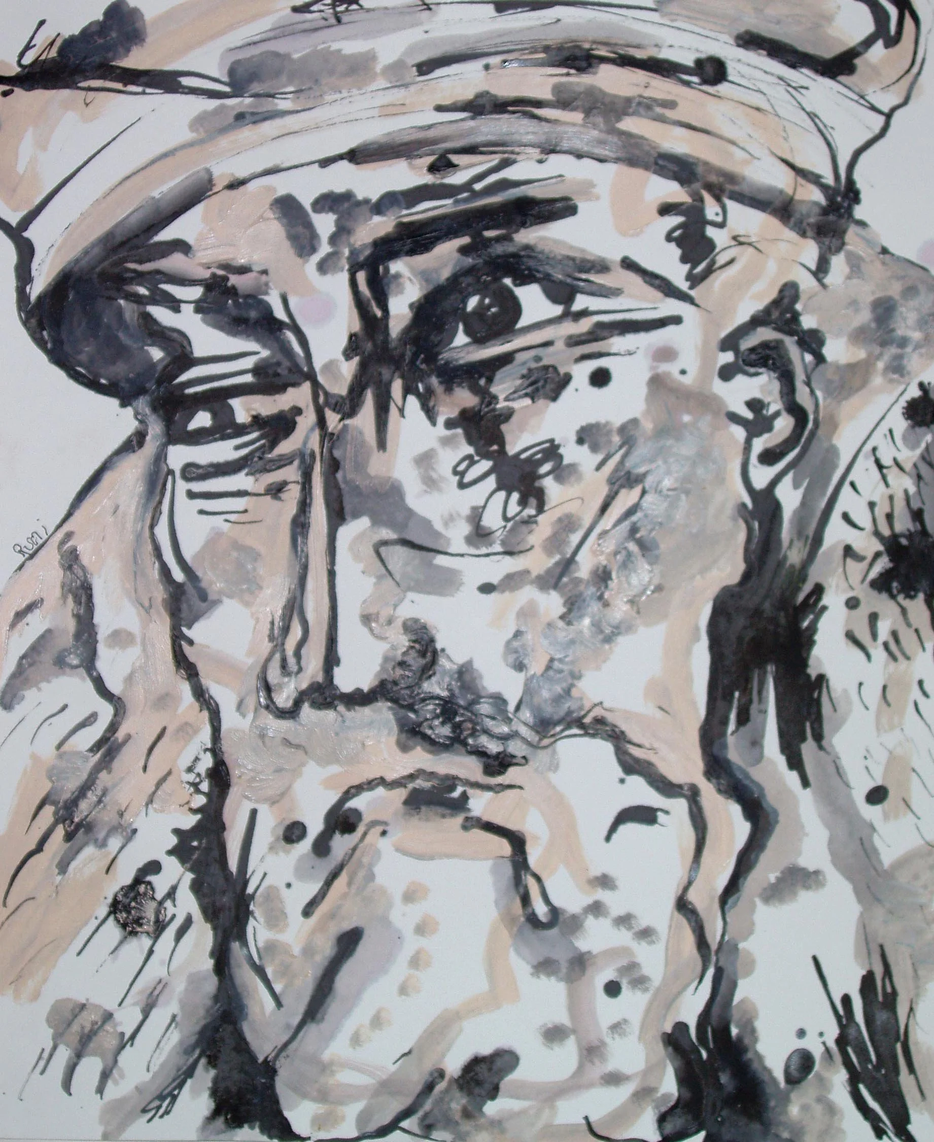 Rumi, ink and acrylic on paper, 17" x 14"