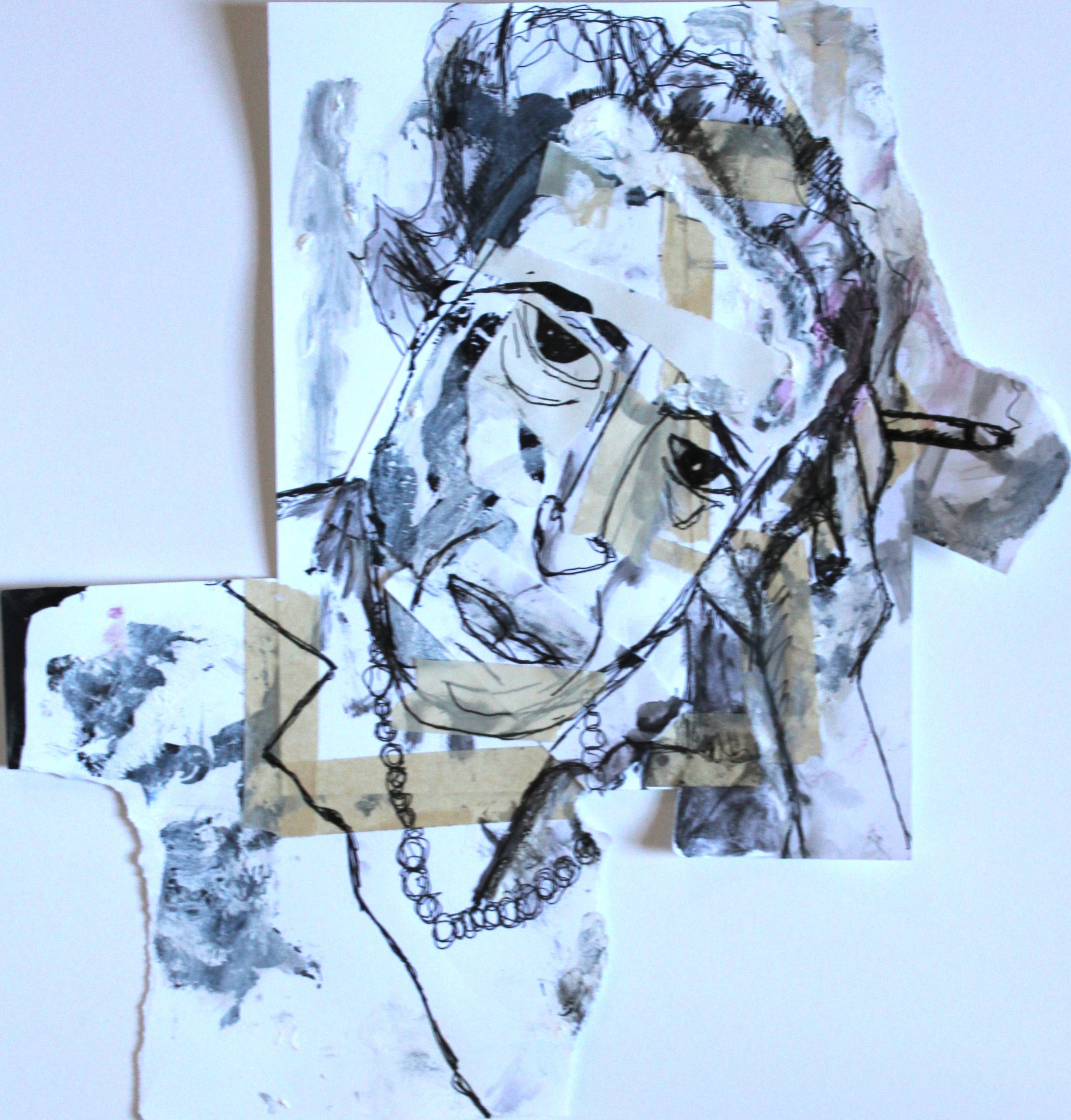 Acrylic, ink, masking tape + collage on paper, 14" x 13"