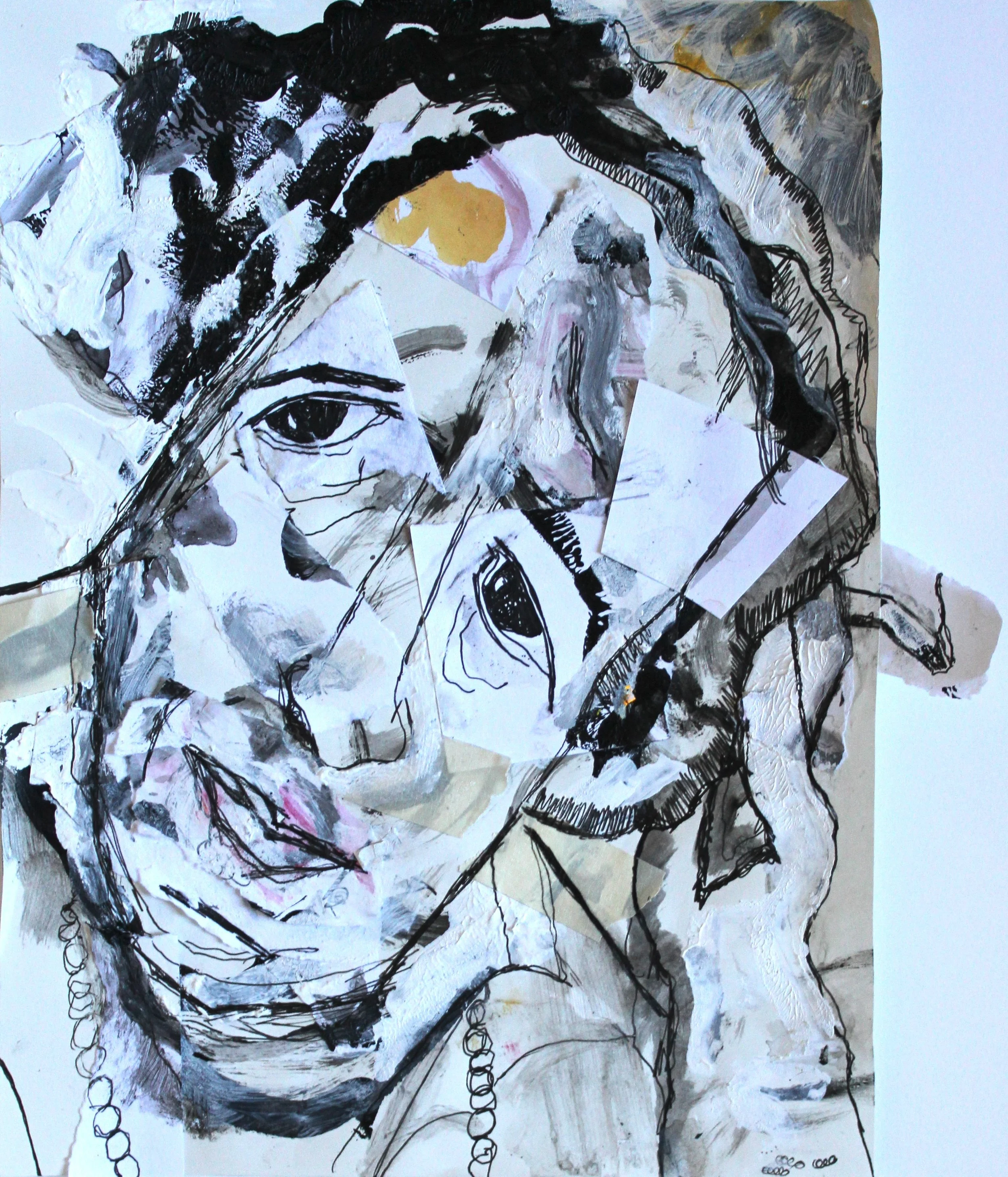 Acrylic, ink, masking tape + collage on paper, 12" x 10"