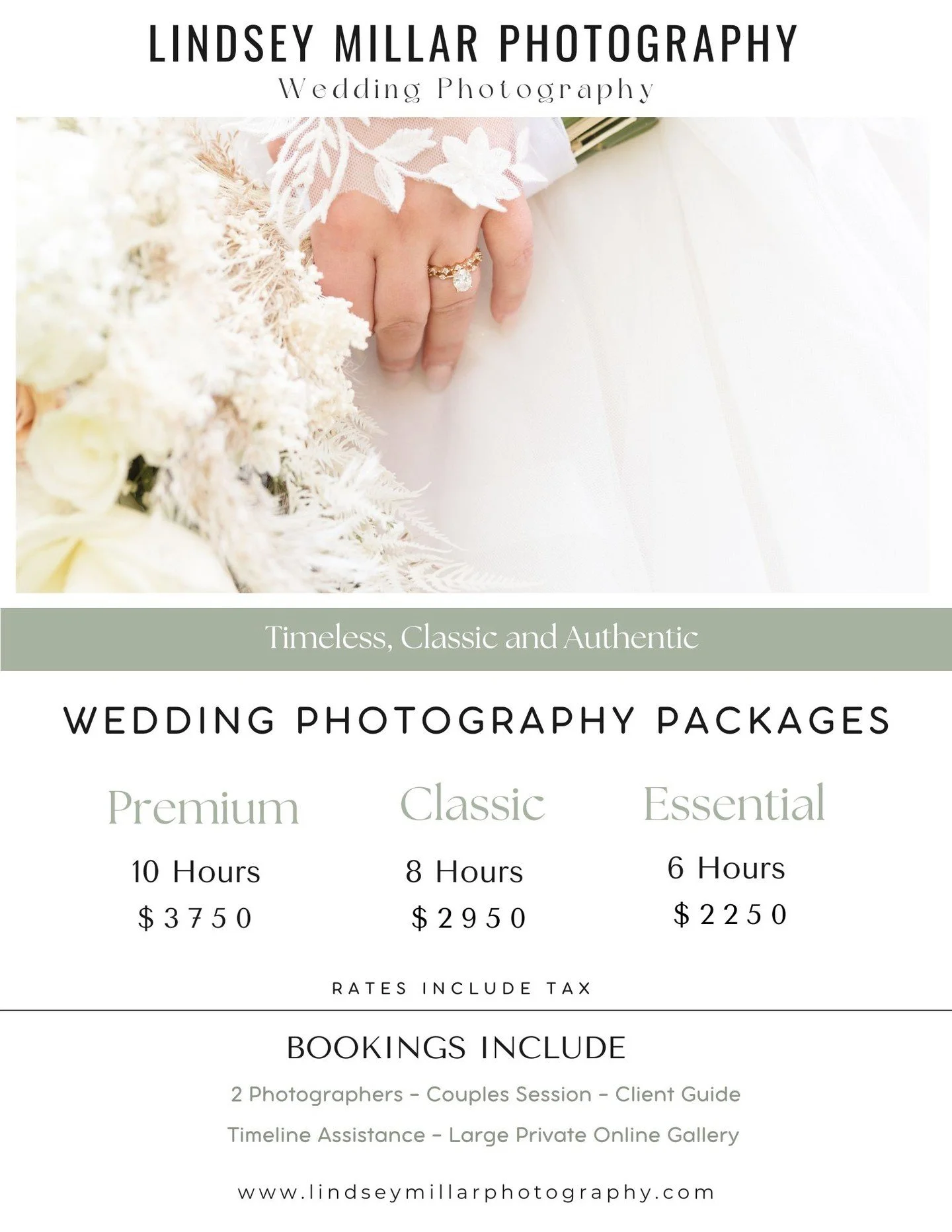 Our updated 2026 &amp; 2027 Wedding Photographer Rates. Our packages include 2 photographers, a couples/engagement session, private online gallery, client guide and timeline assistance. Our style is an easy going, stress free blend of classic and doc