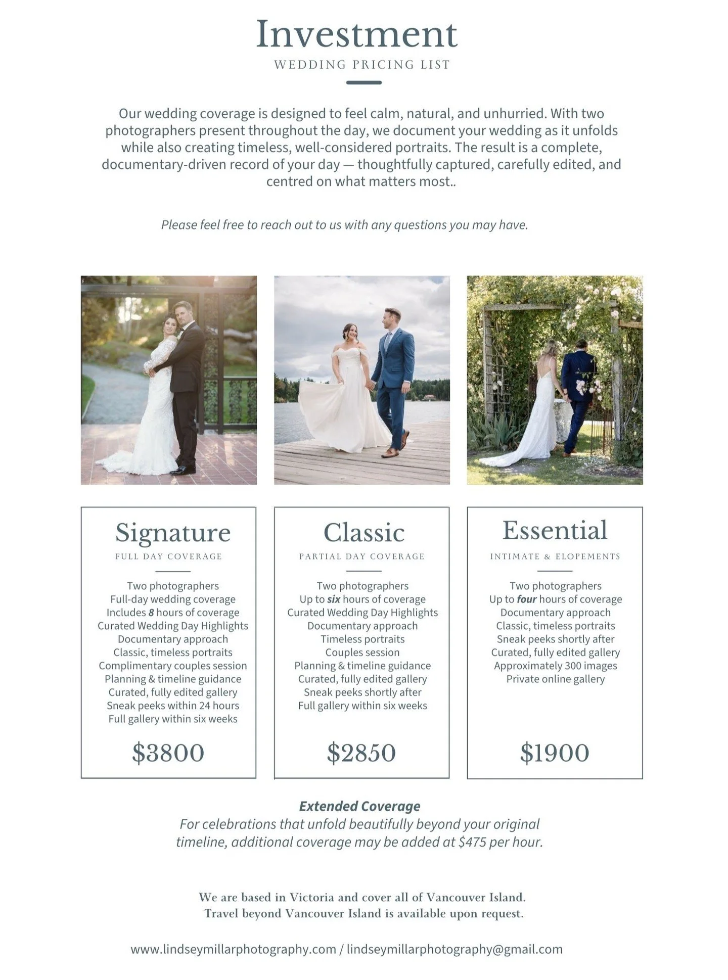 We&rsquo;re proud to introduce our refined wedding investment guide for late 2026 and 2027 celebrations.

Designed for couples who value an effortless, elevated experience, our husband-and-wife team documents your day with a calm, documentary approac