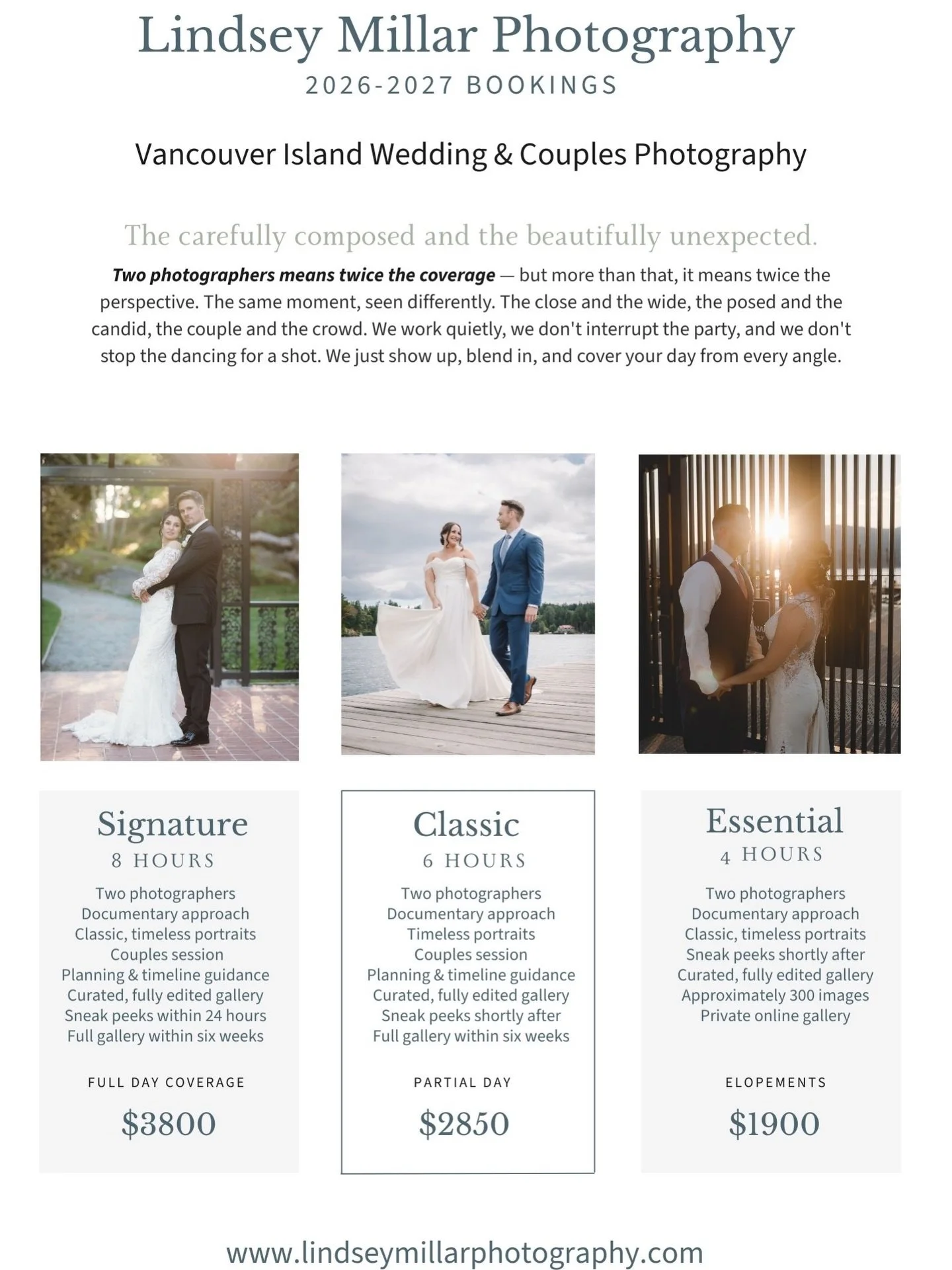 Still looking for your wedding photographer? We have a few select dates left in 2026 and are now booking into 2027.

We&rsquo;re Lindsey and Jeff &mdash; two photographers, one wedding, nothing missed. While one of us is with you for portraits, the o