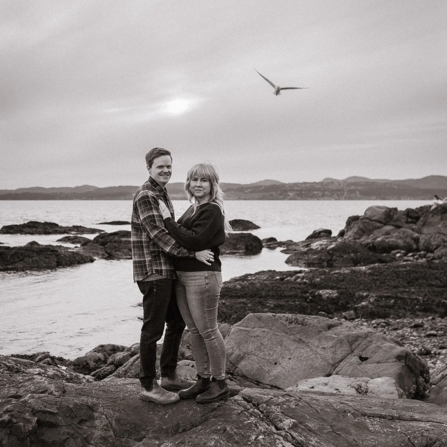 Rocky shore, overcast sky, a seagull photobombing in the background. Honestly, couldn&rsquo;t have planned it better. 🖤 #vancouverislandphotographer #vancouverislandengagement #pnwphotographer #engagementsession #documentaryweddingphotography