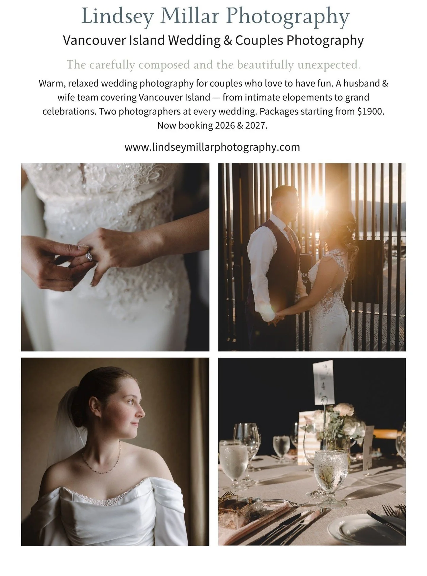 Warm, relaxed wedding photography &mdash; beautiful portraits and real moments &mdash; for couples who love to have fun.

We are Lindsey and Jeff, a husband &amp; wife photography team covering Vancouver Island &mdash; from intimate elopements to gra