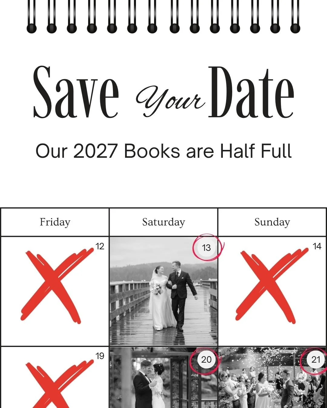 We just looked at our 2027 calendar and wow &mdash; it's already half full. 

We love that couples are planning ahead, and we love even more that so many of you are choosing us to be there. 

If 2027 is on your radar, we'd love to hear from you.

#vi