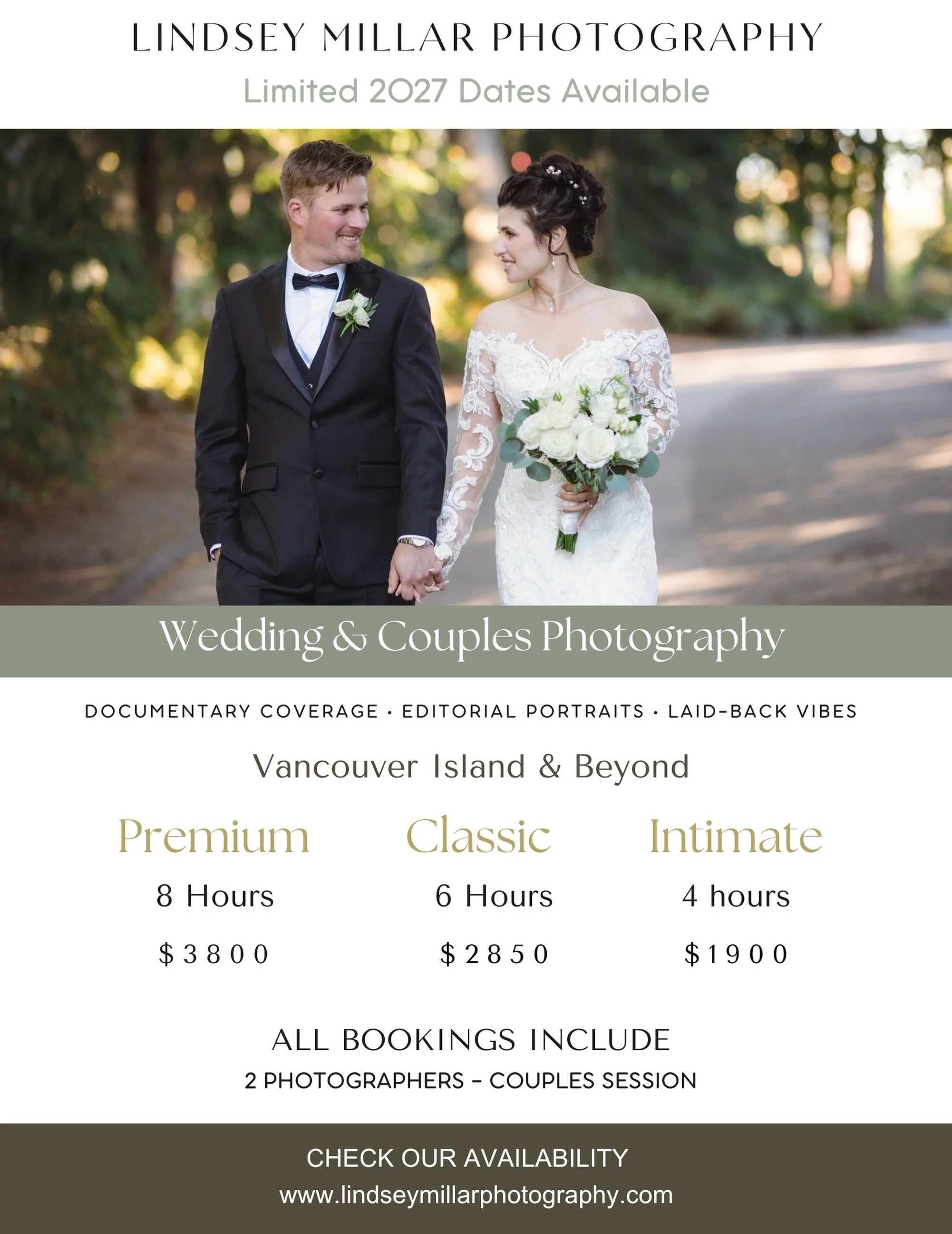 Booking 2027 weddings now.

We&rsquo;re a husband-and-wife team based on Vancouver Island, capturing weddings with a mix of documentary coverage and relaxed editorial portraits.

For couples who want to enjoy their day, spend time with family and fri