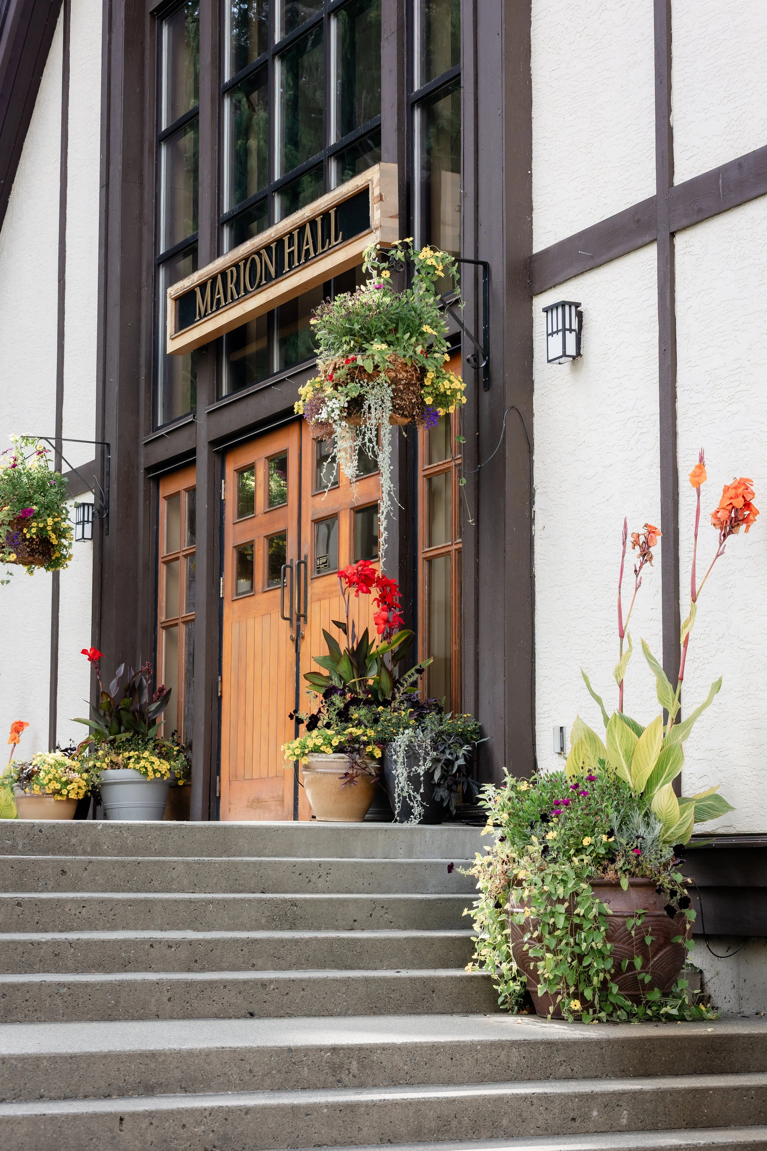 The entrance of a building with a wooden door, surrounded by potted plants and hanging flower baskets, with a sign that says "Marion Hall."