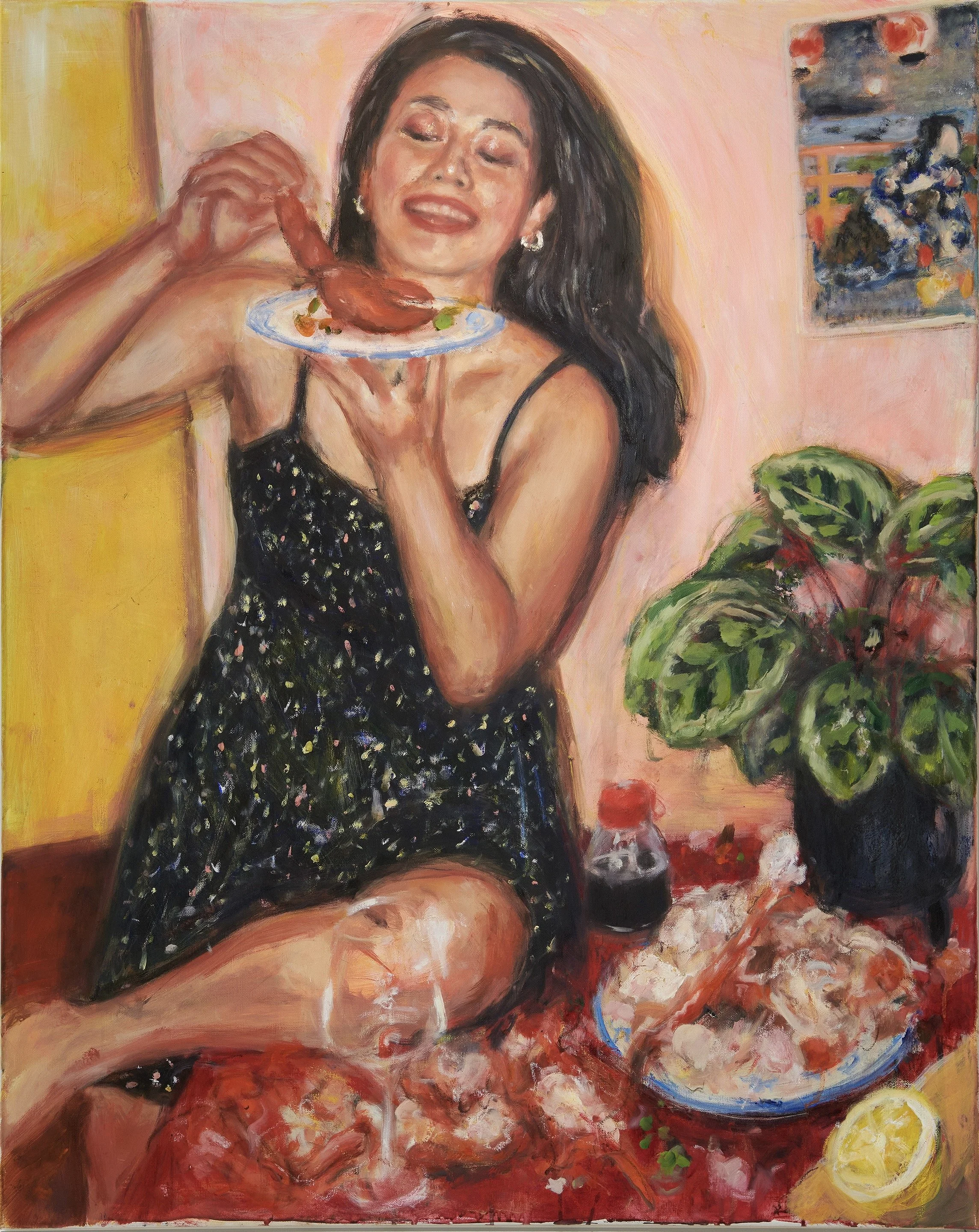 Lobster, oil, acrylic, and oil pastel on canvas, 80 x 100cm, 2022