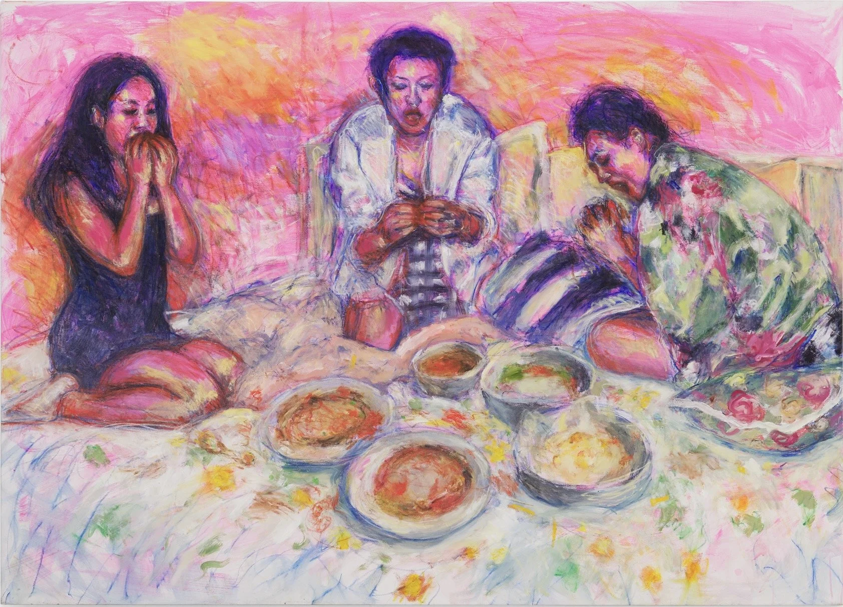 Caroline, Katharine, and Alisa, oil, acrylic, and oil pastel on canvas, 140 x 200cm, 2020-21