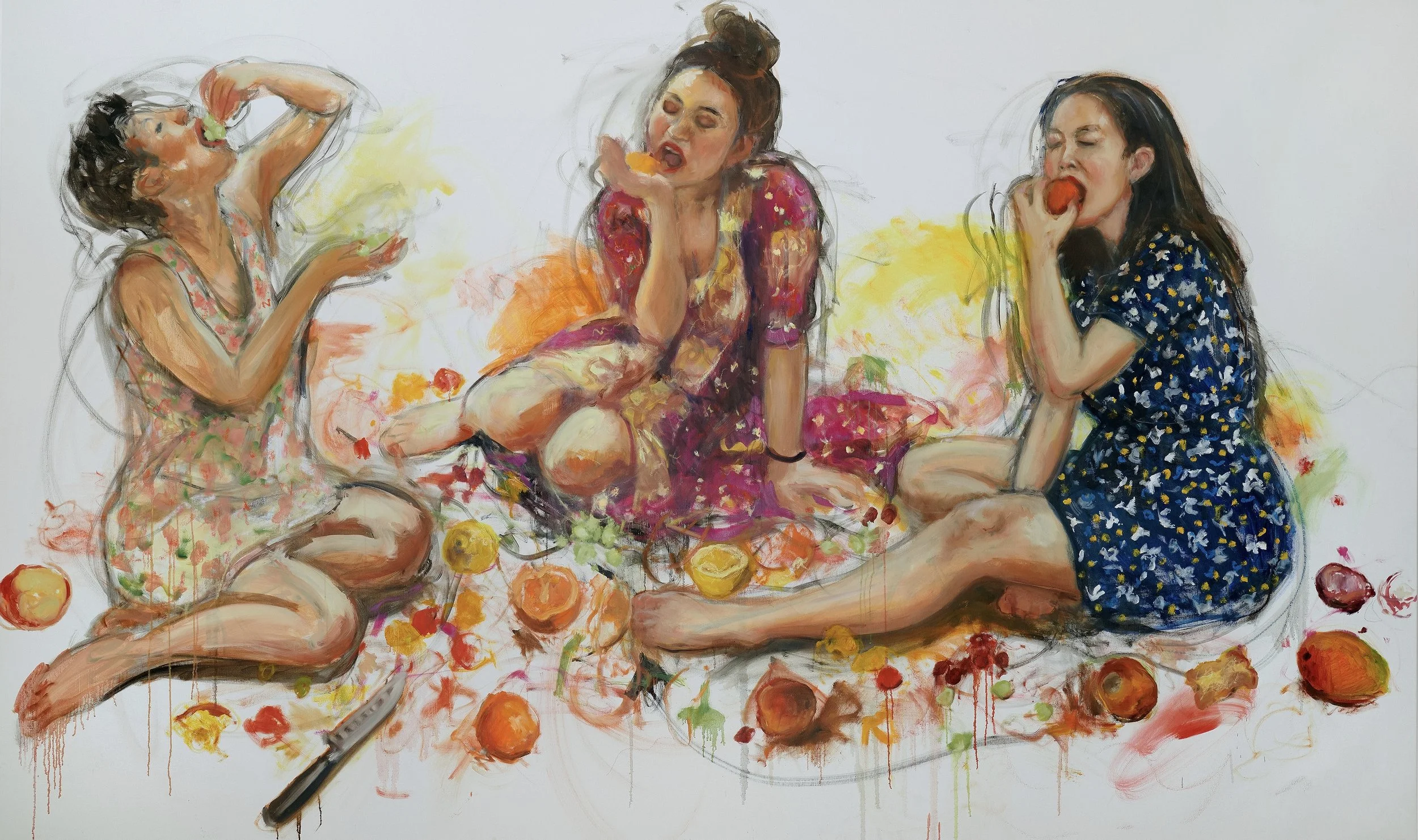 Fruit picnic, oil, acrylic, and oil pastel on canvas, 150 x 250cm, 2021-22