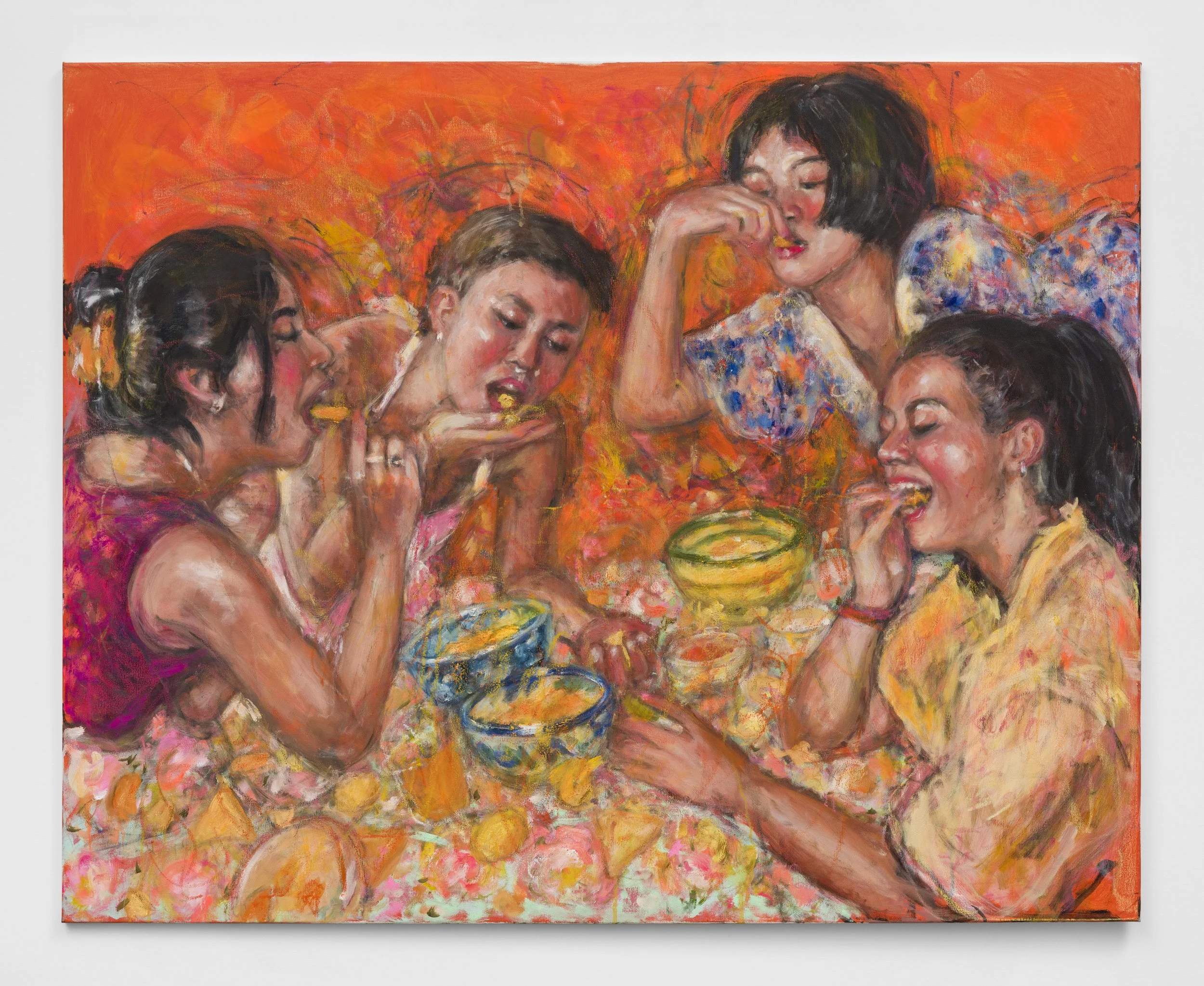 Crisps, oil, oil pastel, and acrylic on canvas, 127 x 101cm, 2023