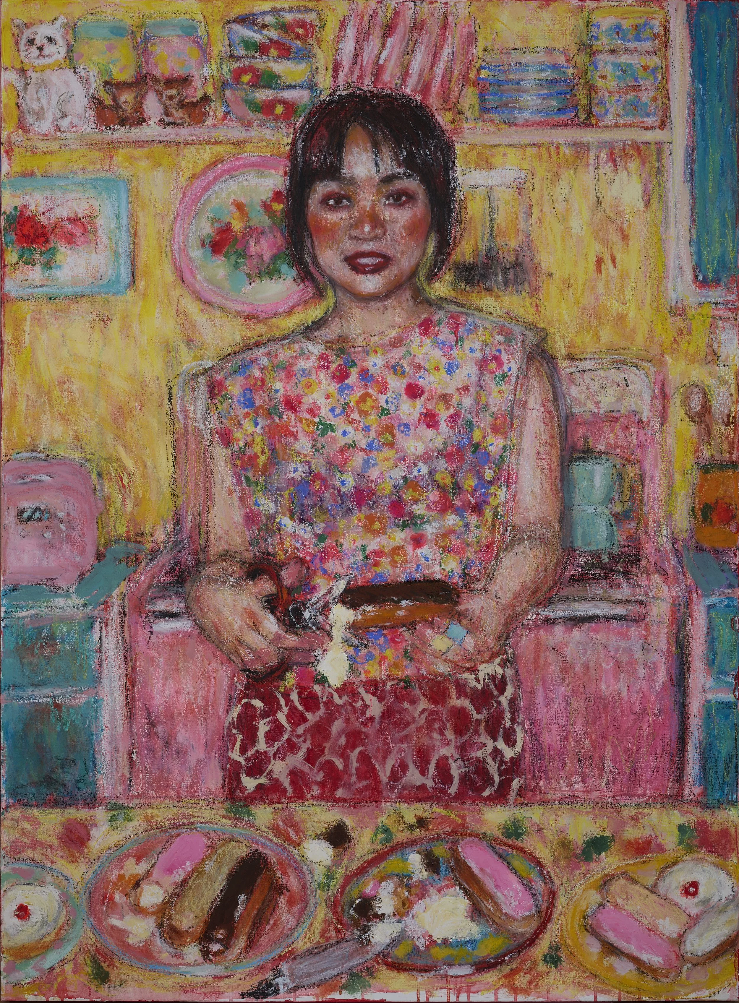 Faithe with scissors, oil, oil pastel, oil bar, and acrylic on linen, 90cm x 120cm, 2025