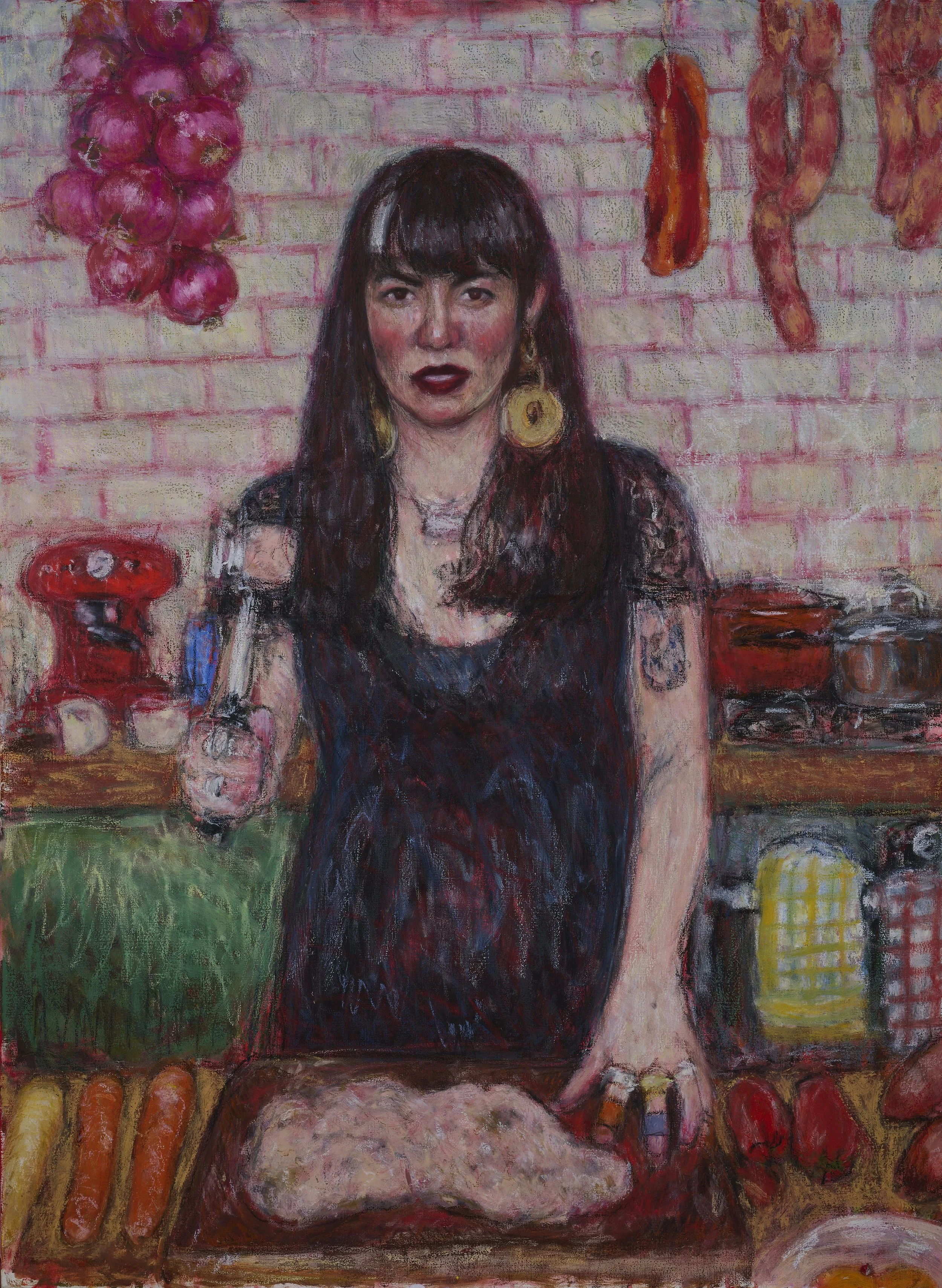 Anna with tenderiser, oil, oil pastel, oil bar, and acrylic on linen, 90cm x 120cm, 2025