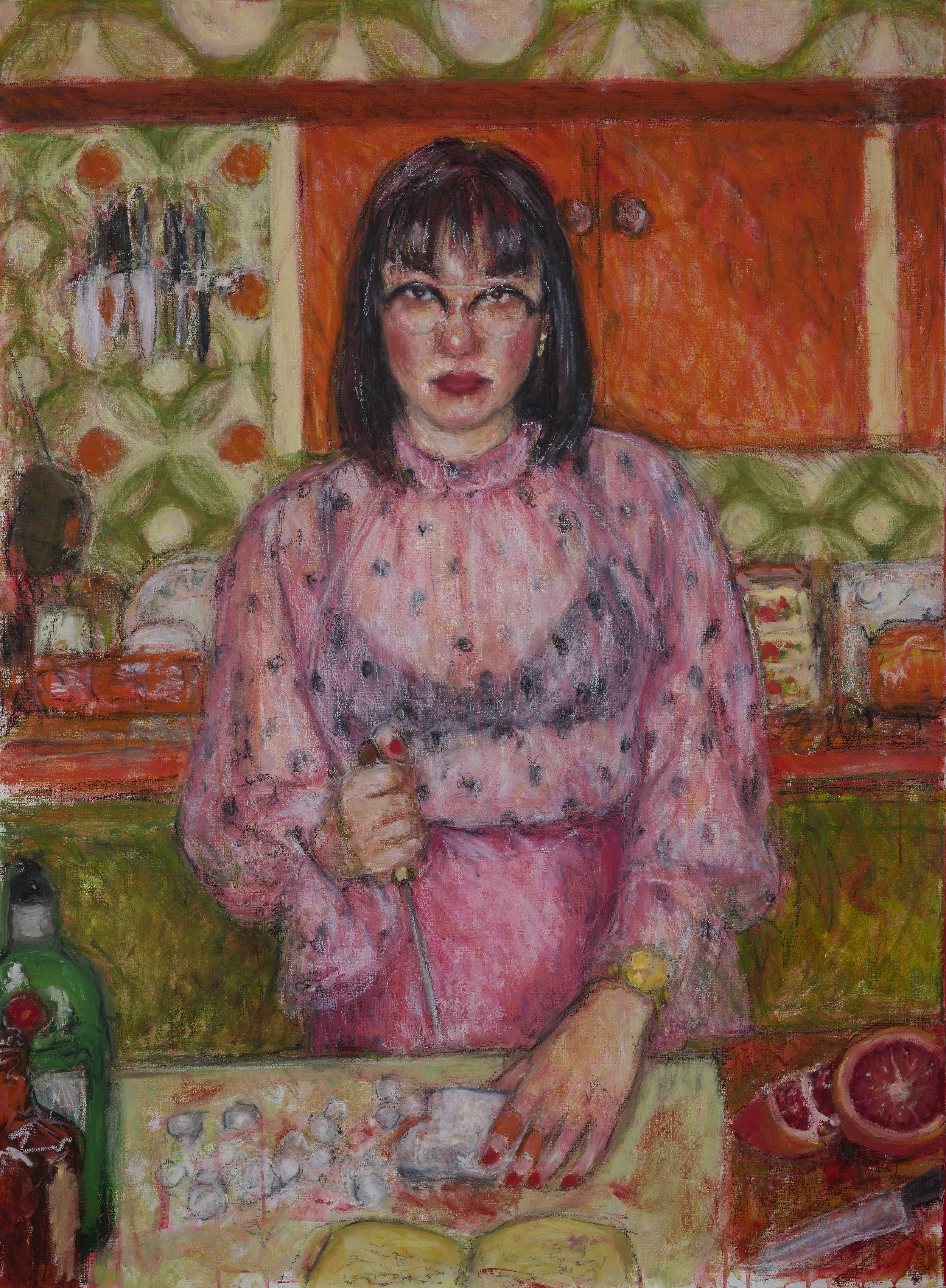 Allison with icepick, oil, oil pastel, oil bar, and acrylic on linen, 90cm x 120cm, 2025