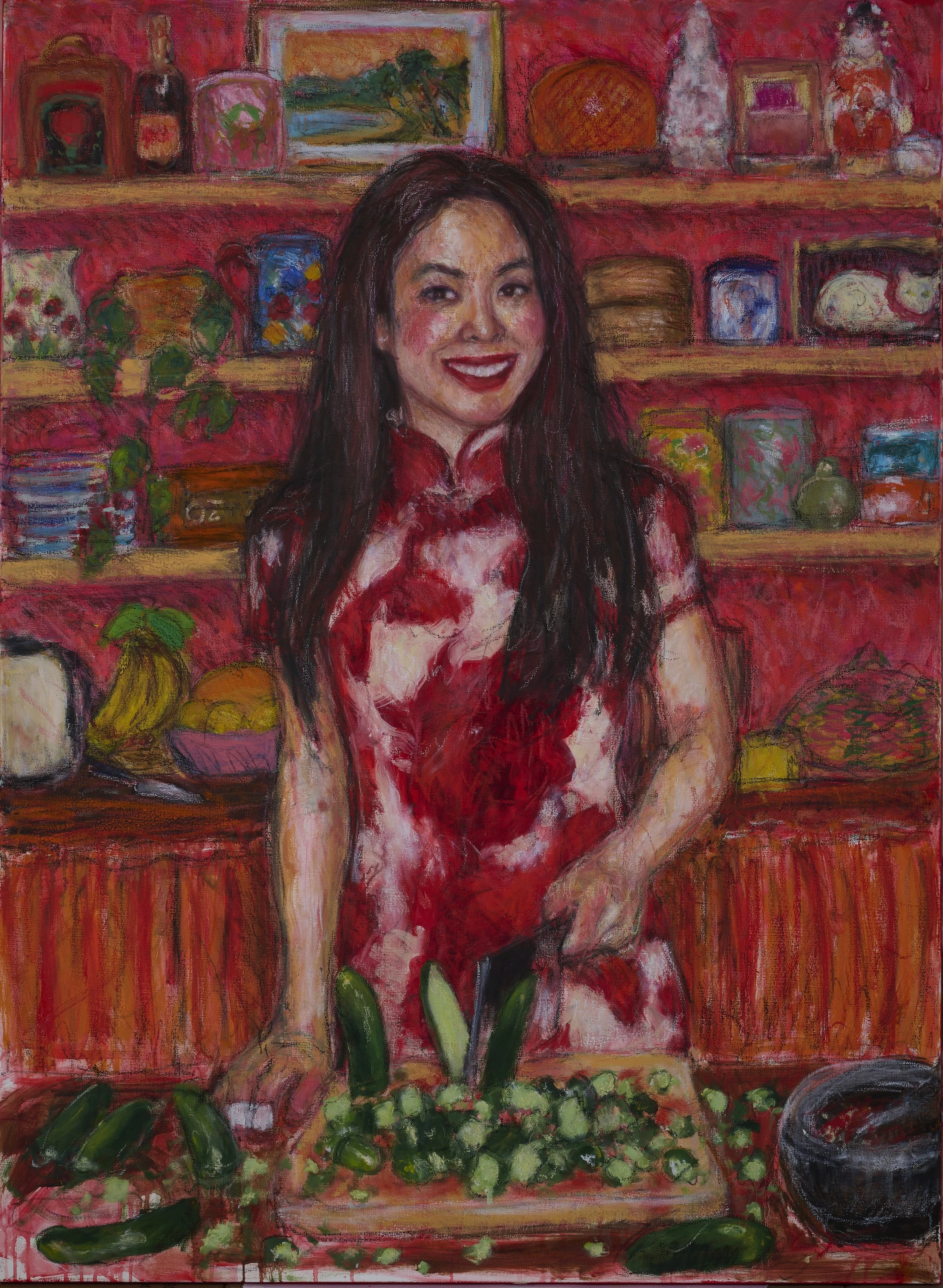 Caroline with cleaver, oil, oil pastel, oil bar, and acrylic on linen, 90cm x 120cm, 2025