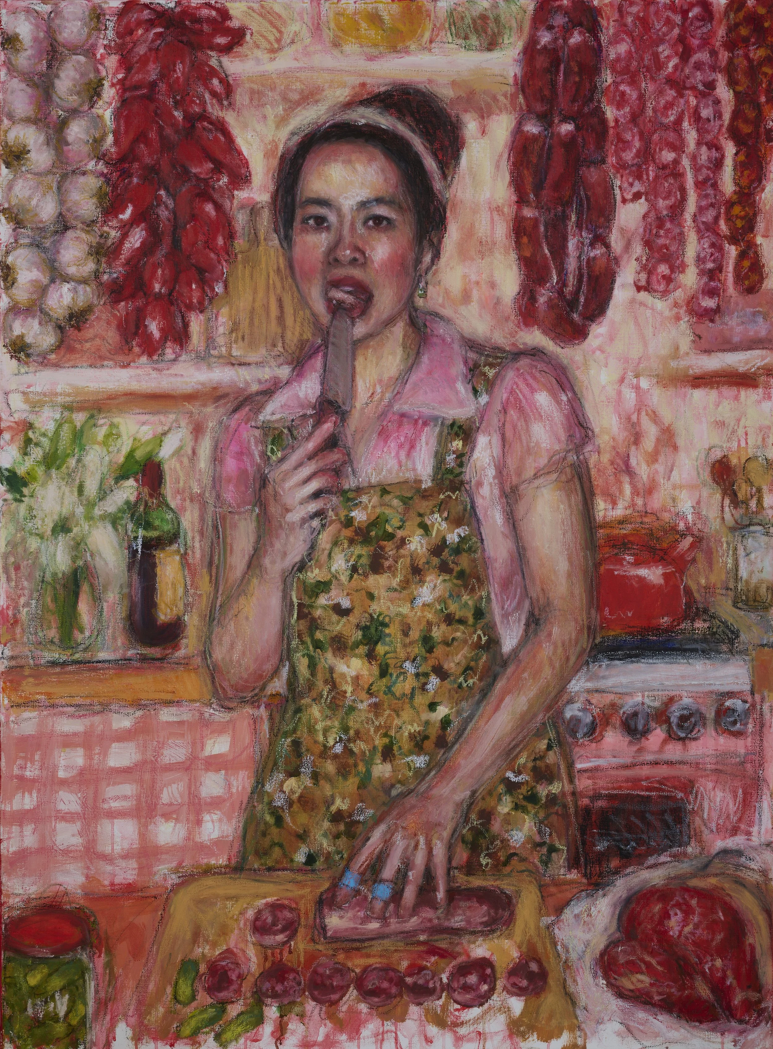 Betty with knife, oil, oil pastel, oil bar, and acrylic on linen, 90cm x 120cm, 2025