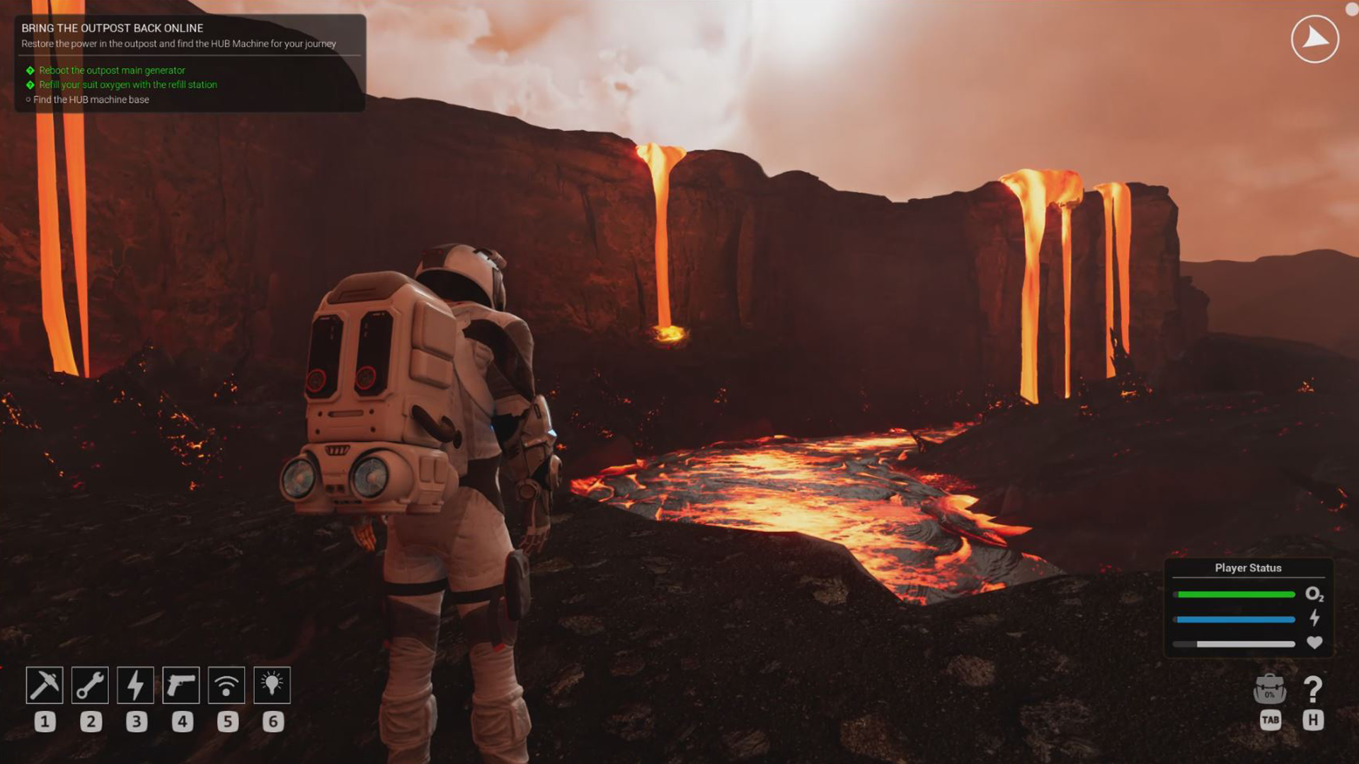 A person in a spacesuit stands on Venus in front of an active volcanic landscape with flowing lava, erupting volcanoes, and a fiery rocky terrain.
