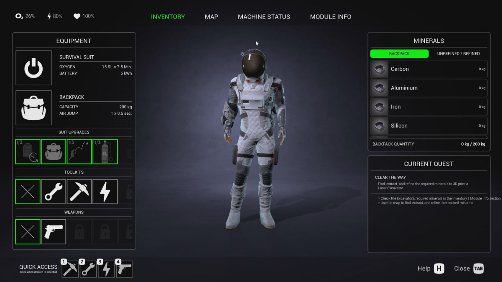 Video game user interface showing a space explorer avatar with equipment, tools, weapons, and minerals inventory, and navigation options.