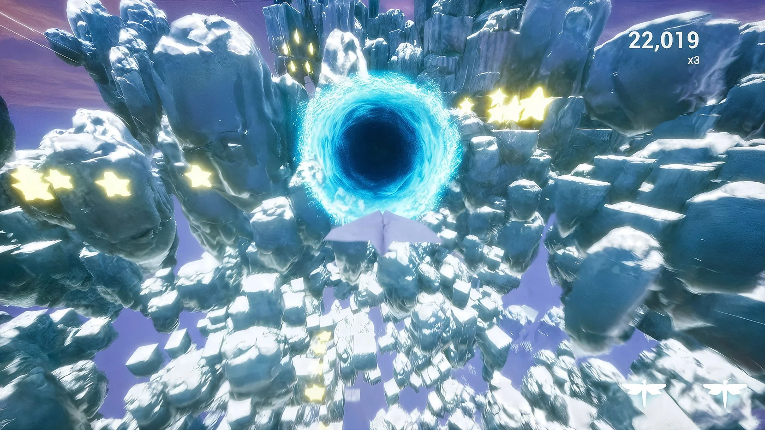 Fold & Fly, A video game scene showing a skydiver descending through a rocky, icy landscape toward a glowing blue vortex, with score and star icons visible in the upper right corner.