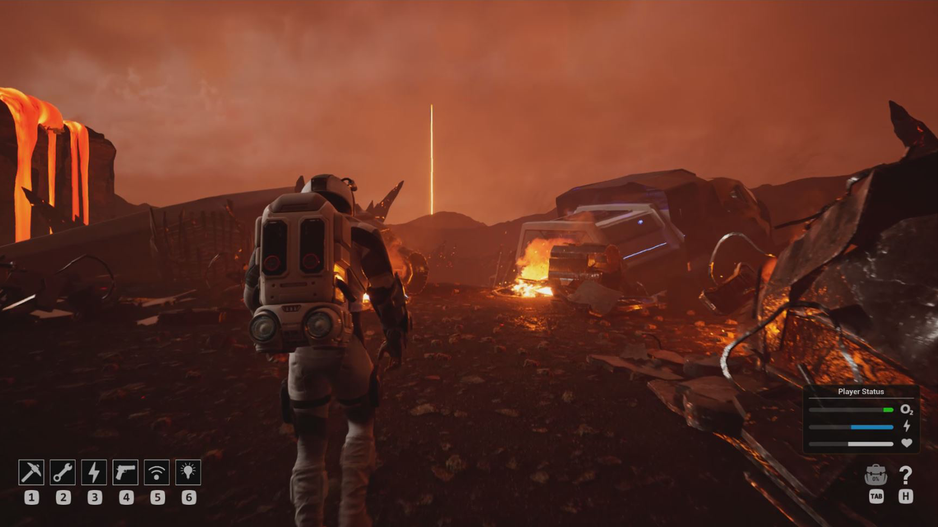 A person in a spacesuit walking through a fiery, destruction scene, with wreckage and flaming debris around, possibly from a crash or explosion.