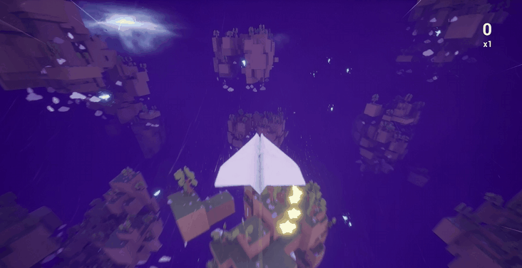 Fold & Fly, A scene from a video game featuring a spaceship flying through a colorful, abstract universe with floating cubes and glowing effects.