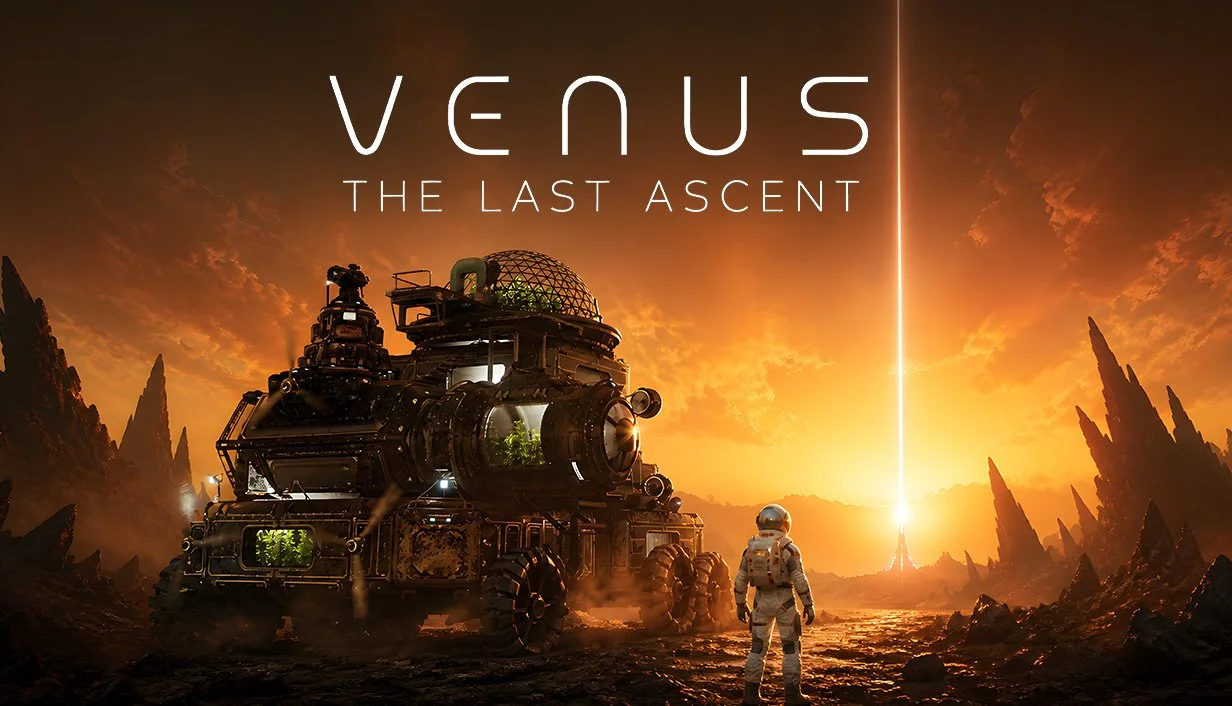 A futuristic scene showing an astronaut standing on a rocky, extraterrestrial landscape with jagged mountains. A large, advanced spaceship with glowing windows is nearby. The sky is filled with orange and yellow hues, and the sun is setting or rising behind a tall vertical beam of light reaching into the sky. Text at the top reads "Venus: The Last Ascent."