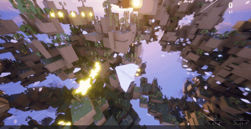 Minecraft scene with a paper airplane flying through a cubic block landscape with glowing lights and floating structures