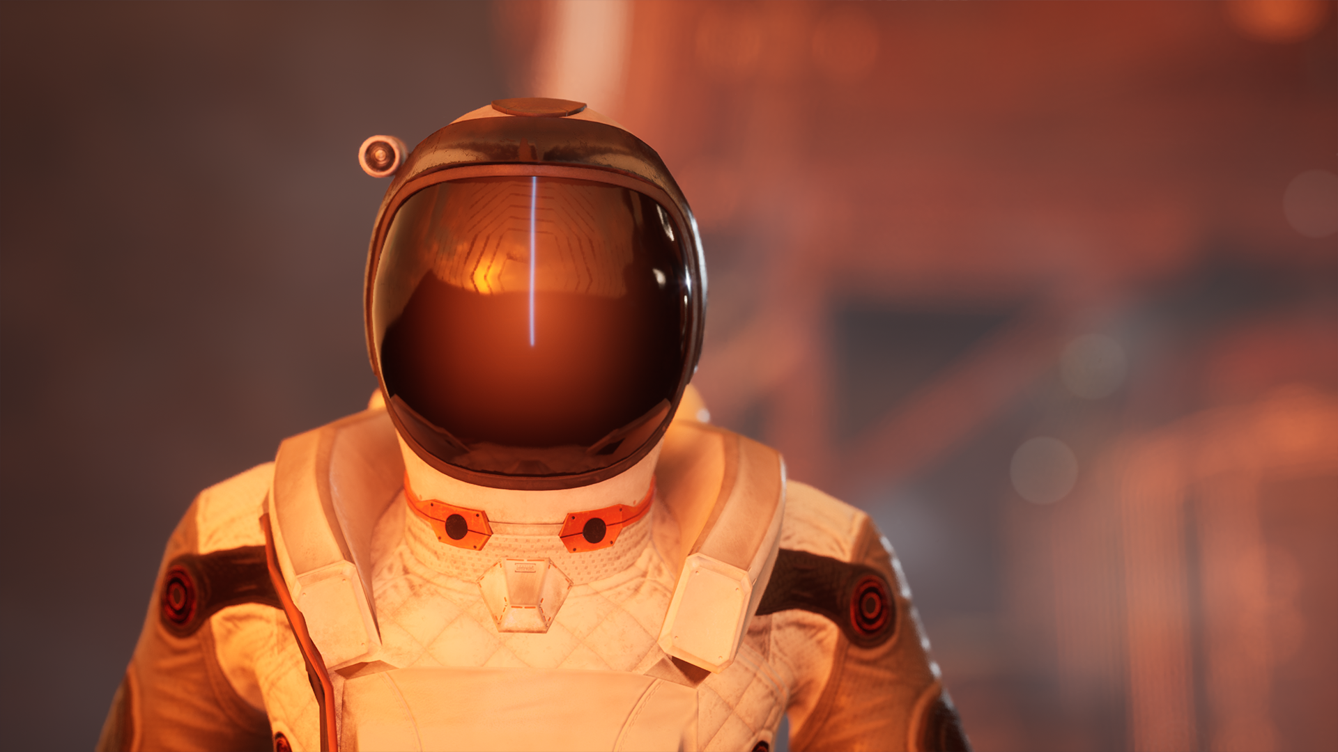 Close-up of an astronaut in a space suit with a reflective visor, details of the suit visible, background with bokeh effects and warm lighting.