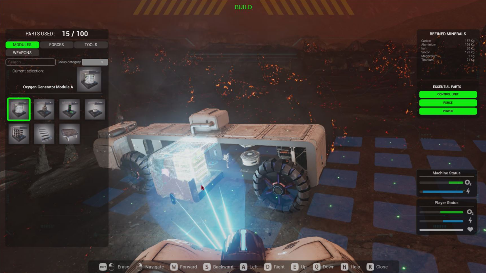 Screenshot of a space-themed video game interface showing a spaceship in a lava planet environment. The screen displays parts and modules for building a spaceship, including an oxygen generator module. On the right, there are panels listing refined m