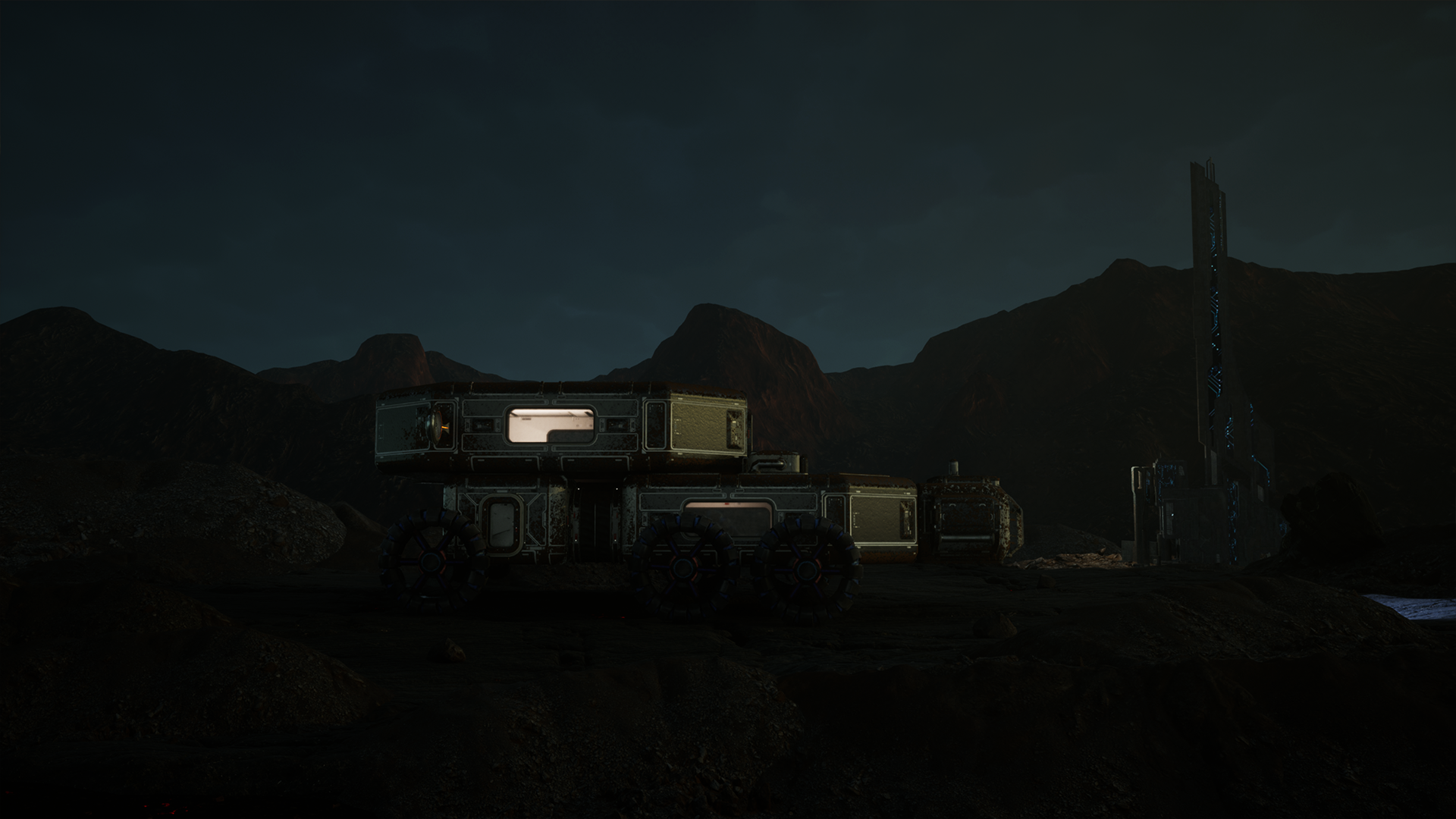 A dark, rocky landscape on an alien planet with mountains in the background. In the foreground, there is a futuristic rover and a tall, illuminated tower.
