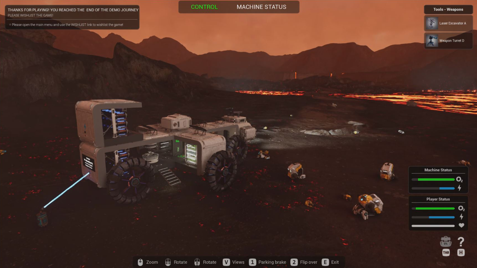 A sci-fi game scene on Mars with a rover and small vehicles, mountains in the background, and a lava-like landscape, with game control interface elements and status indicators.