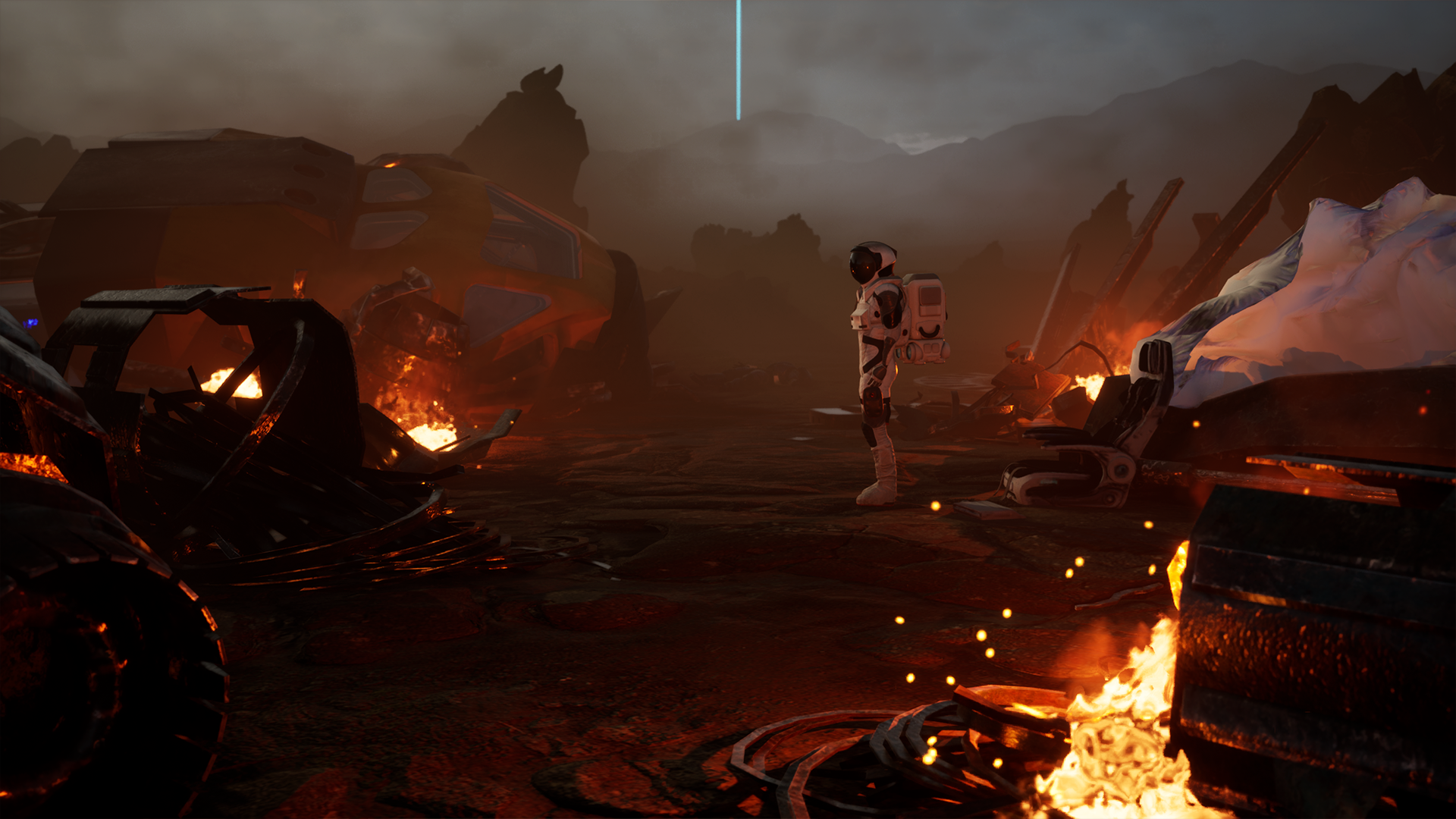 A person in a spacesuit stands among wreckage and fires on a rocky, alien landscape with mountains and a faint blue light in the sky.