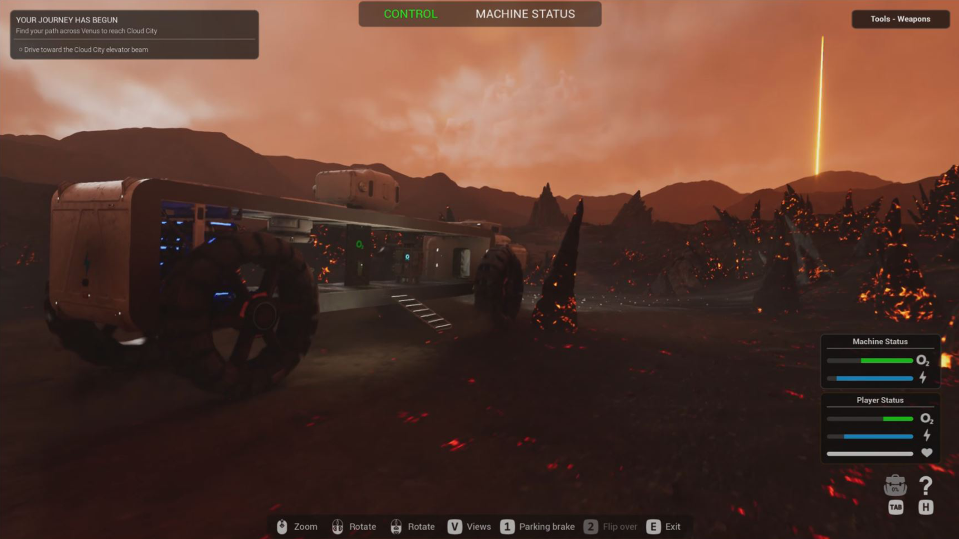 Futuristic spaceship on a fiery, volcanic planet with lava-covered ground and mountainous terrain. The sky is orange with clouds and a streak of lightning in the distance. A user interface overlay shows game controls, player and machine status, and a