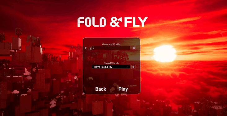 Screenshot from the game 'Fold & Fly' showing a red sunset sky over a cityscape with a game menu in the center.