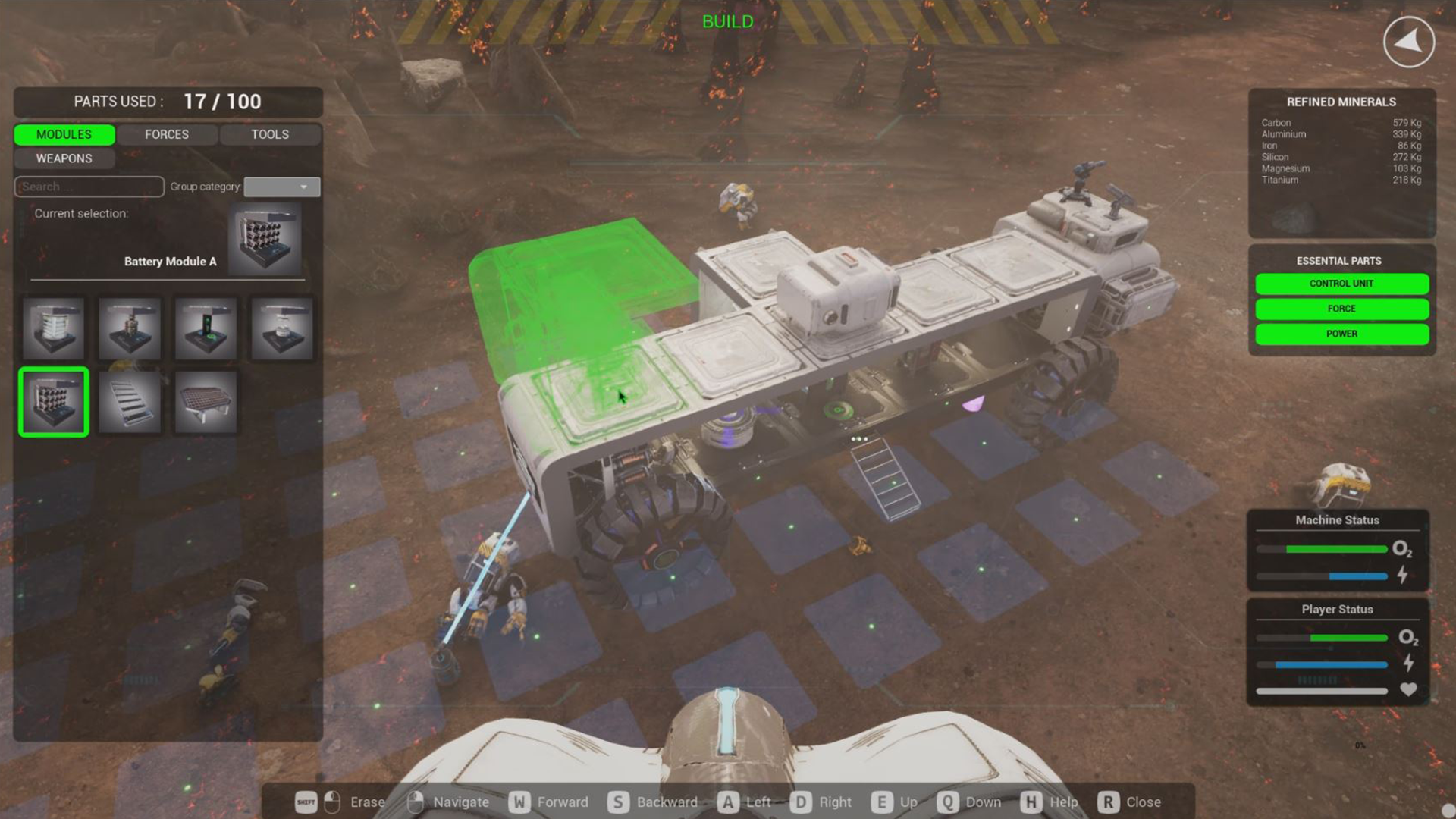 Screenshot of a spaceship-building game interface showing the construction of a vehicle from various parts, with a green highlight on a module, status bars, and options for controlling and building the spaceship.