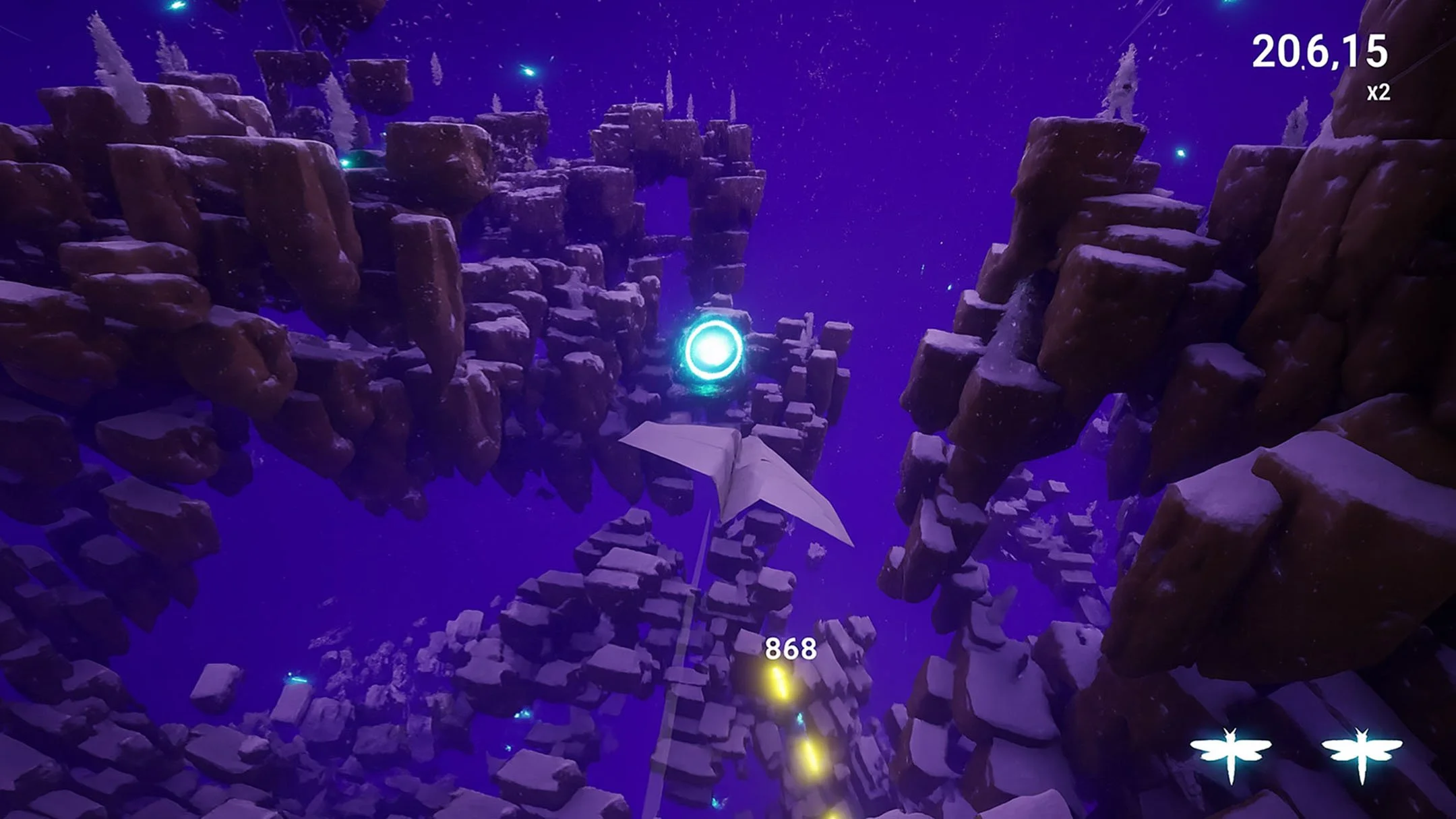 Fold & Fly A screenshot from a video game showing a spaceship navigating through a space canyon with large, floating rocky formations, glowing blue and yellow points, and a bright light in the center.