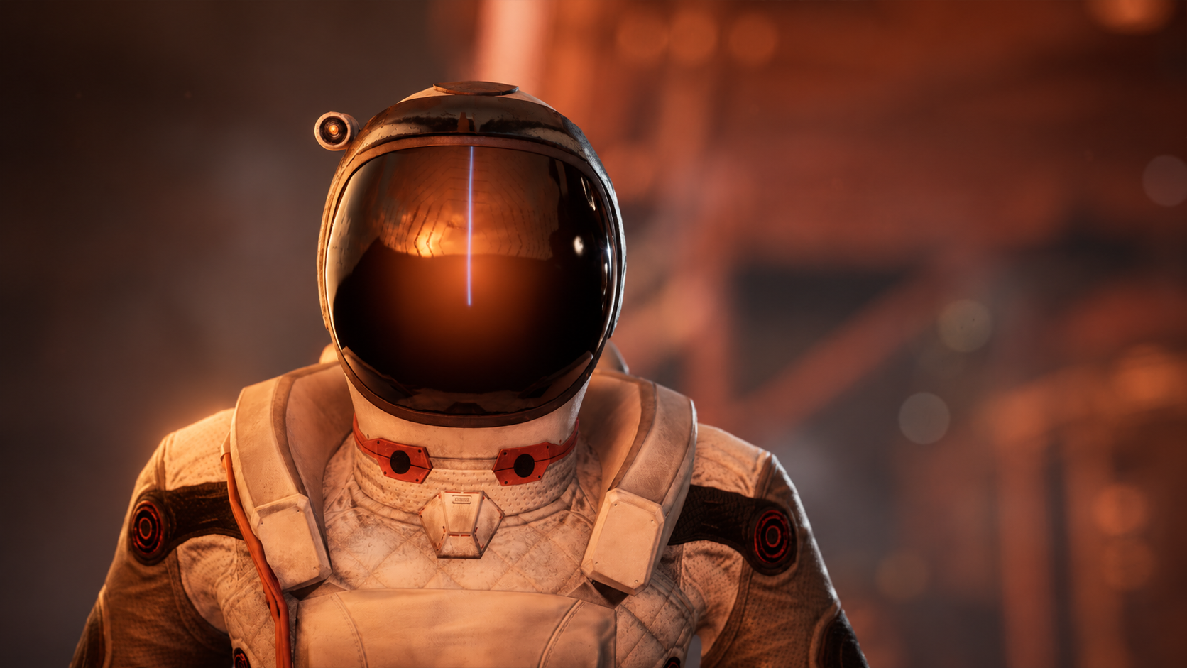 A futuristic astronaut in a white space suit with black and red accents on Venus , wearing a shiny black helmet with a reflective visor, standing in a dimly lit industrial environment with warm orange lighting.